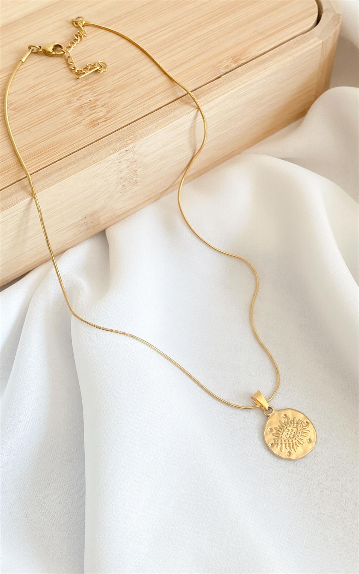 Geometrik Plaka Göz Desenli Yılan Zincirli Gold Çelik Kolye