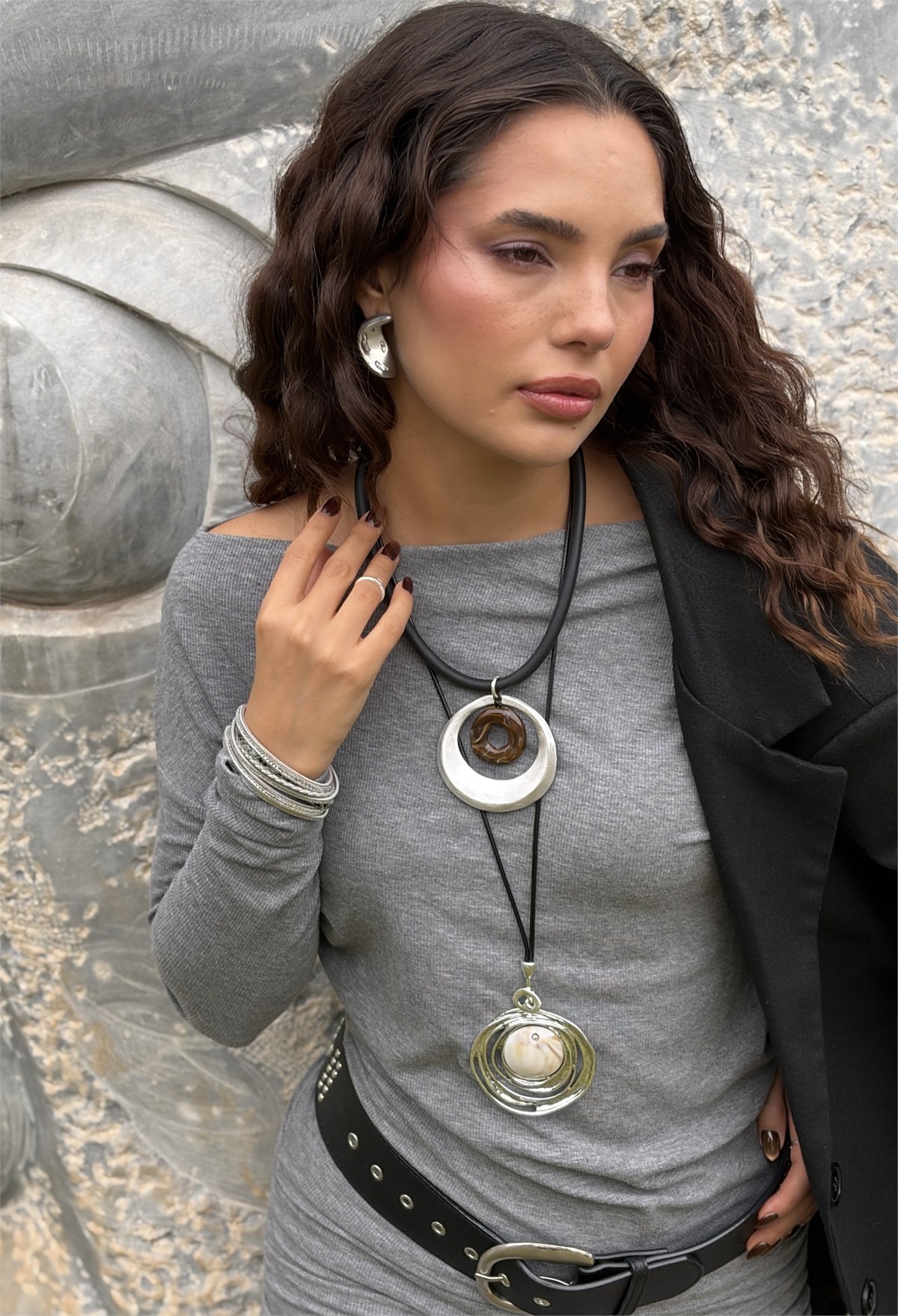 Geometrik Plaka Silver Deri İpli Ayarlanabilir Kolye