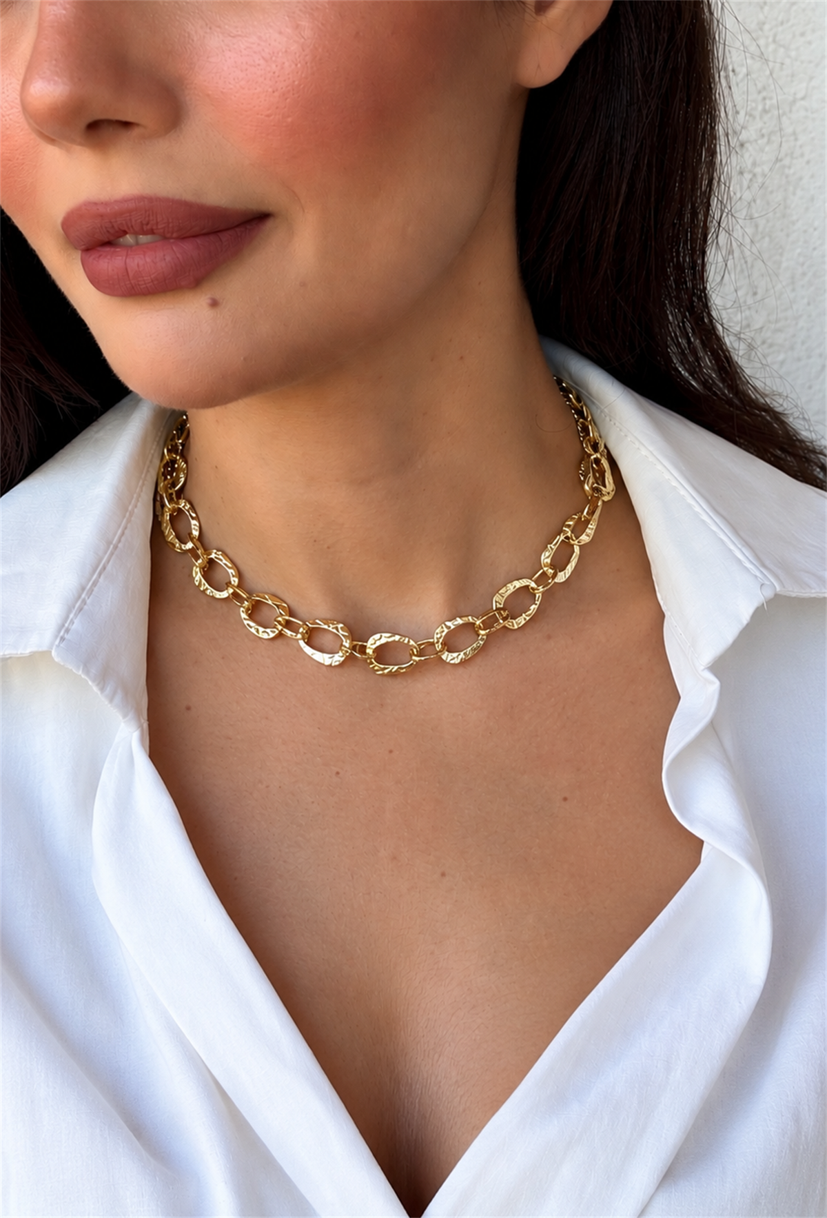 Geometrik Plaka Sıralı Gold Kolye