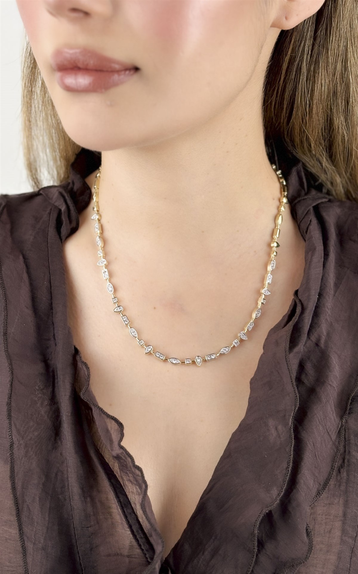 Geometrik Taşlı Gold Gümüş Kolye