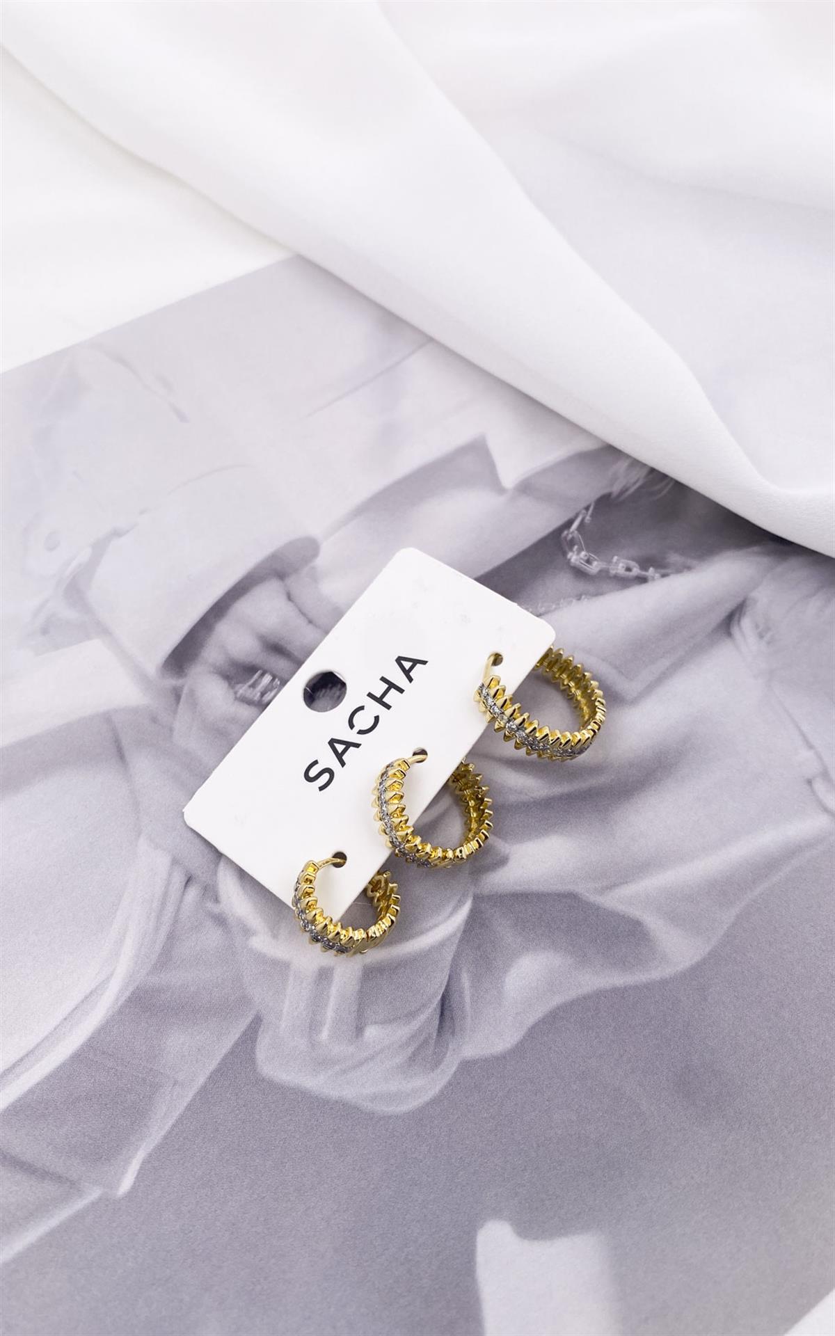 Geometrik Zirkon Taşlı Gold Gümüş Set Halka Küpe