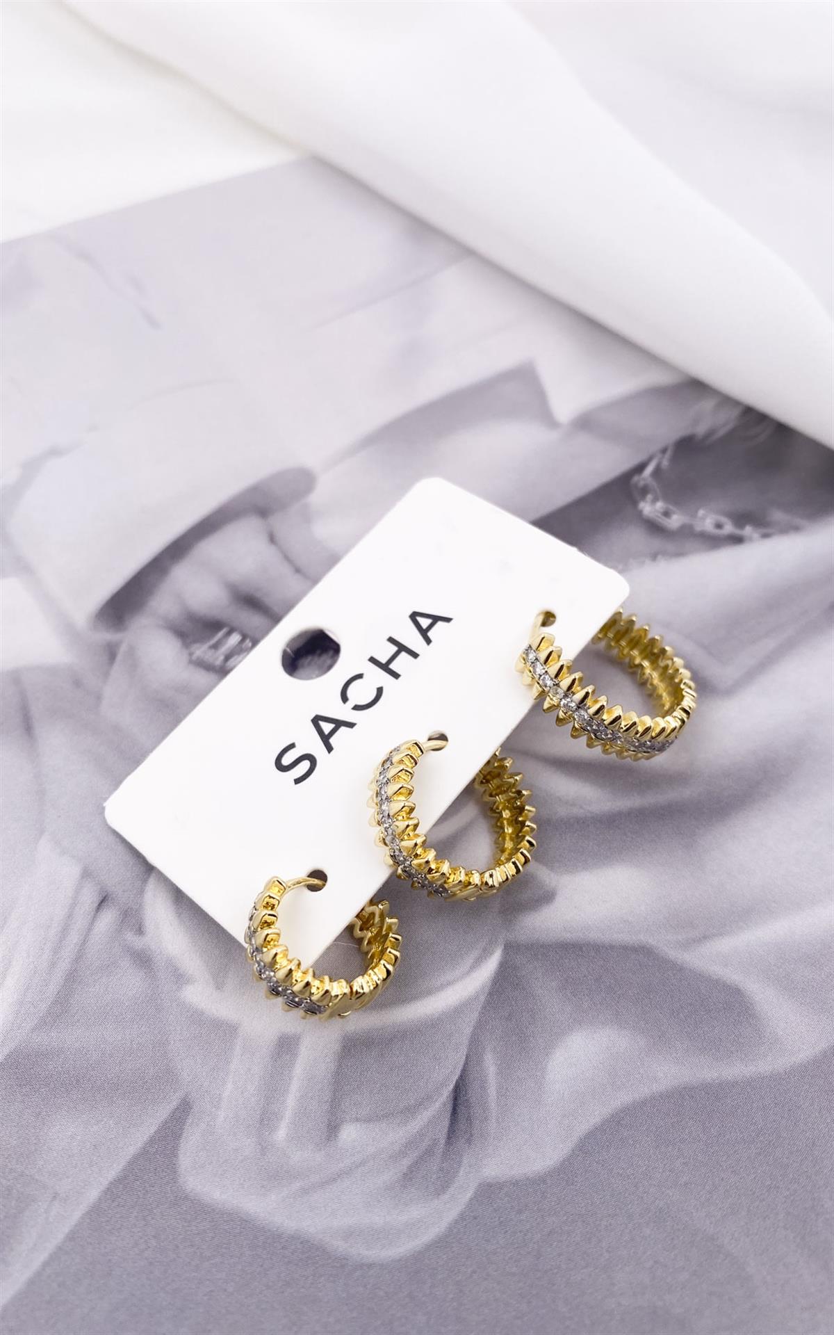 Geometrik Zirkon Taşlı Gold Gümüş Set Halka Küpe