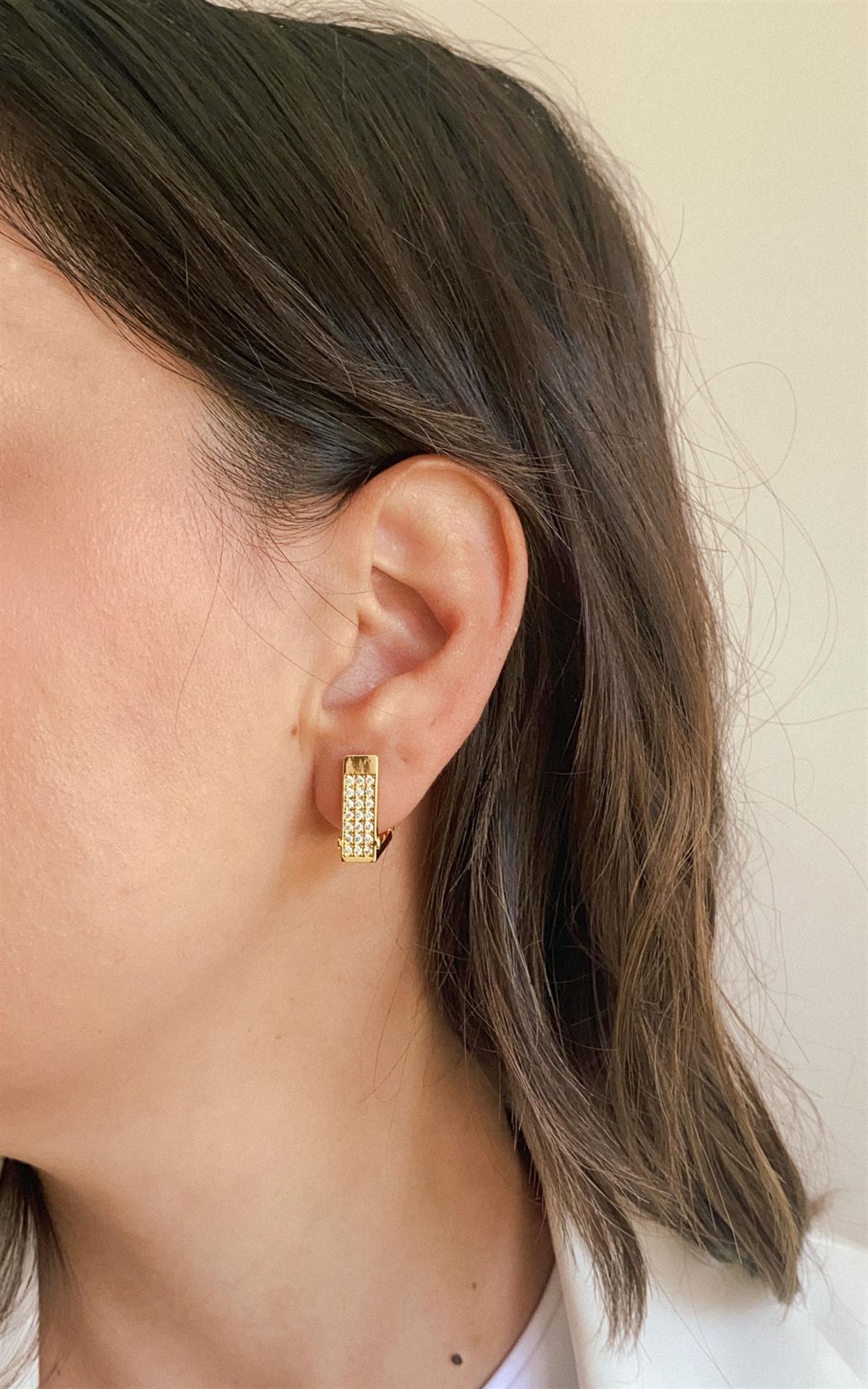 Geometrik Zirkon Taşlı Gold Halka Küpe