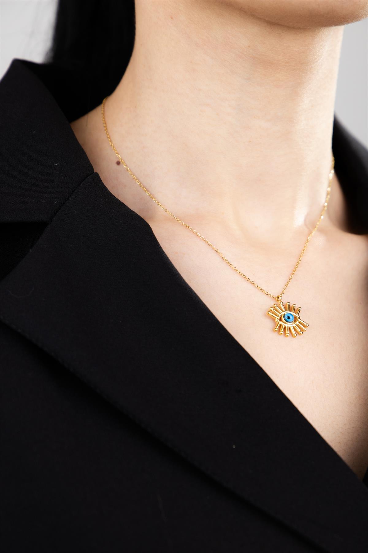 Göz Figürlü Gold Çelik Kolye