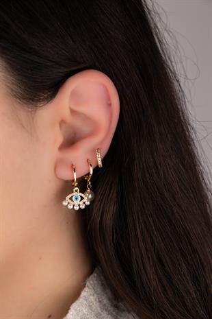 Göz Figürlü İncili Gold Set Küpe