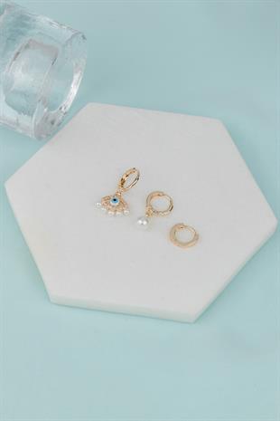 Göz Figürlü İncili Gold Set Küpe