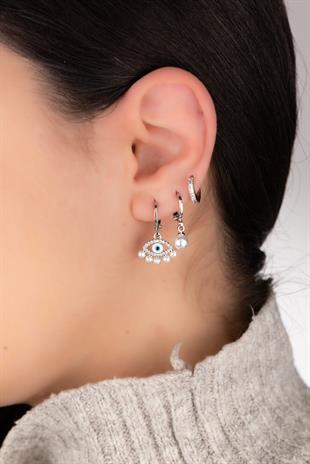 Göz Figürlü İncili Gümüş Set Küpe