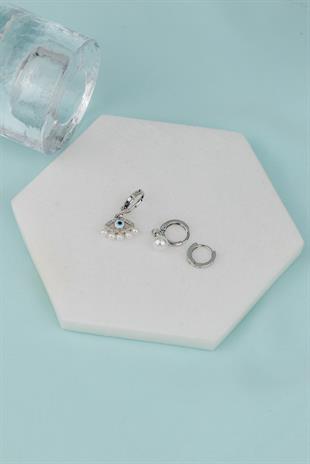 Göz Figürlü İncili Gümüş Set Küpe