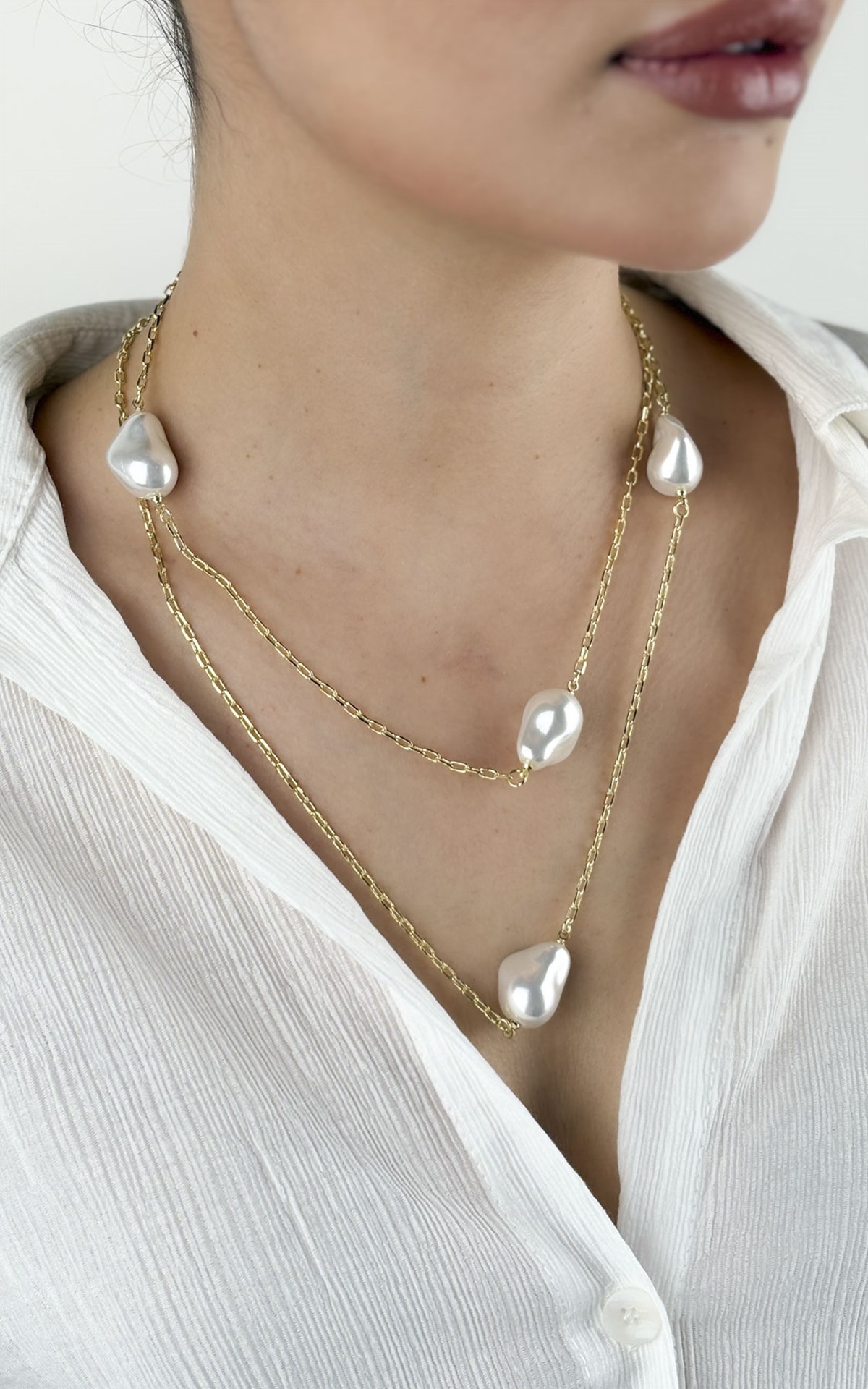 İnci Sıralı Zincir Kolye