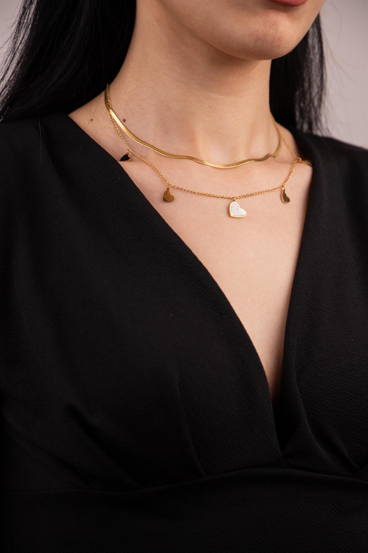 Kalp Figürlü Çift Sıra Gold Çelik Kolye