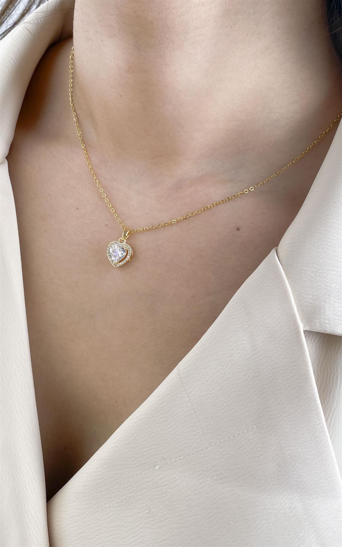 Kalp Figürlü Gold Beyaz Çelik Kolye