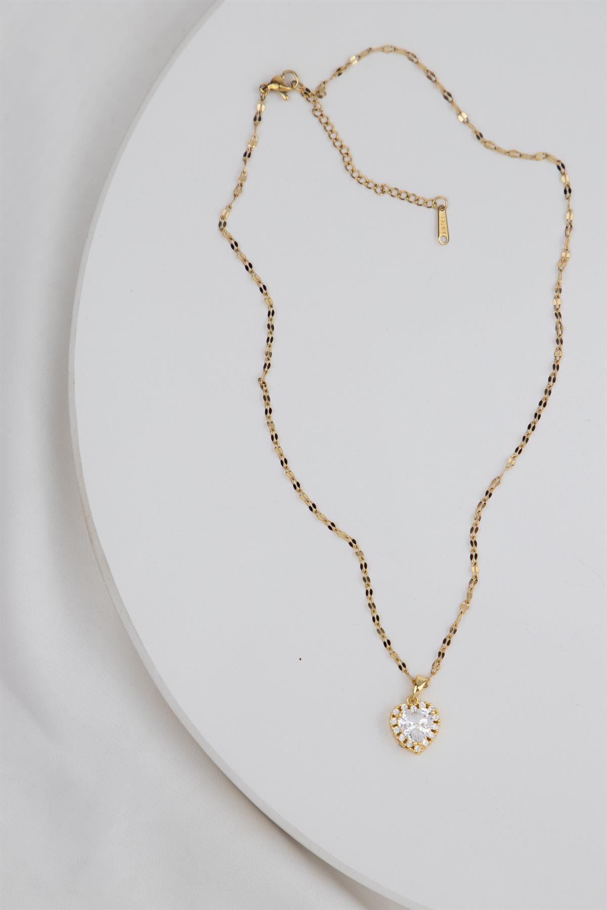 Kalp Figürlü Gold Çelik Kolye