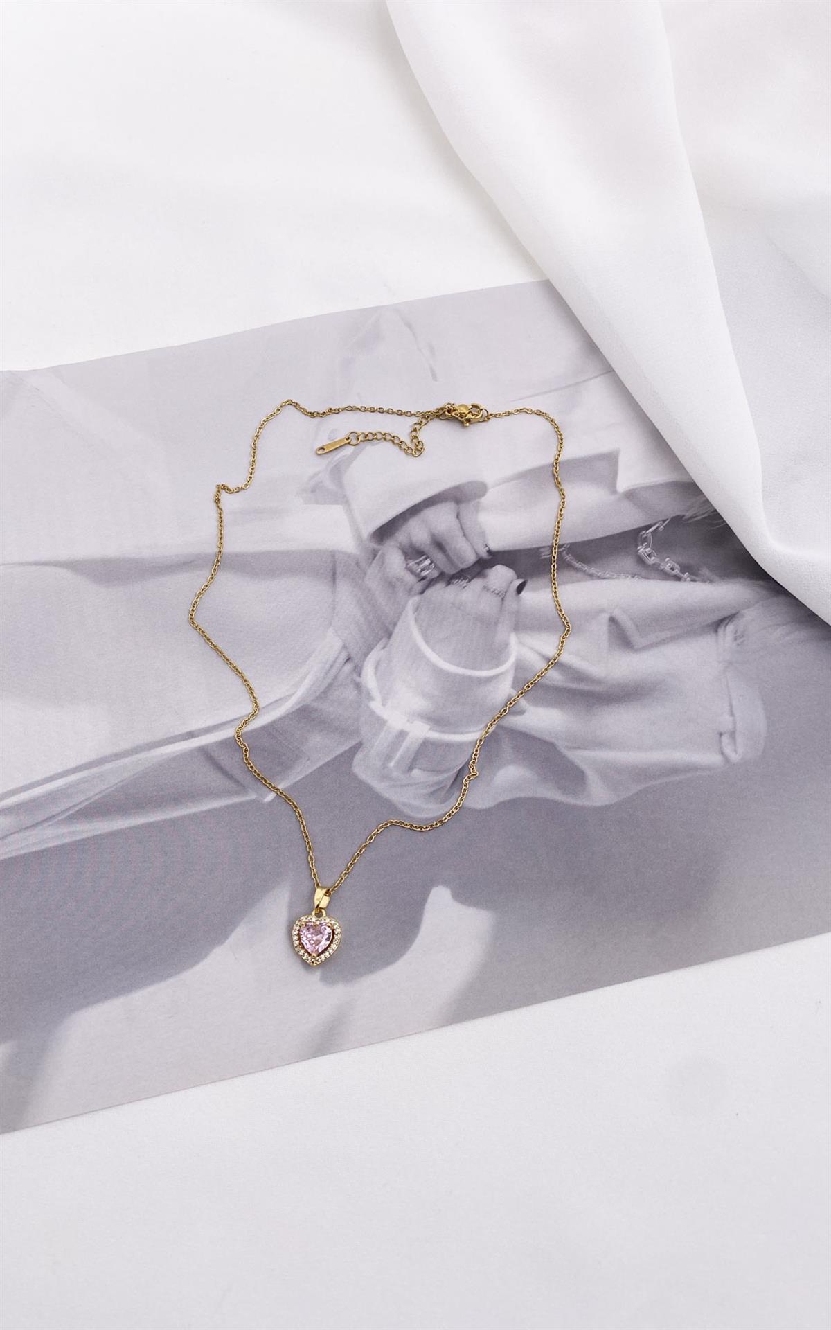 Kalp Figürlü Gold Pembe Çelik Kolye