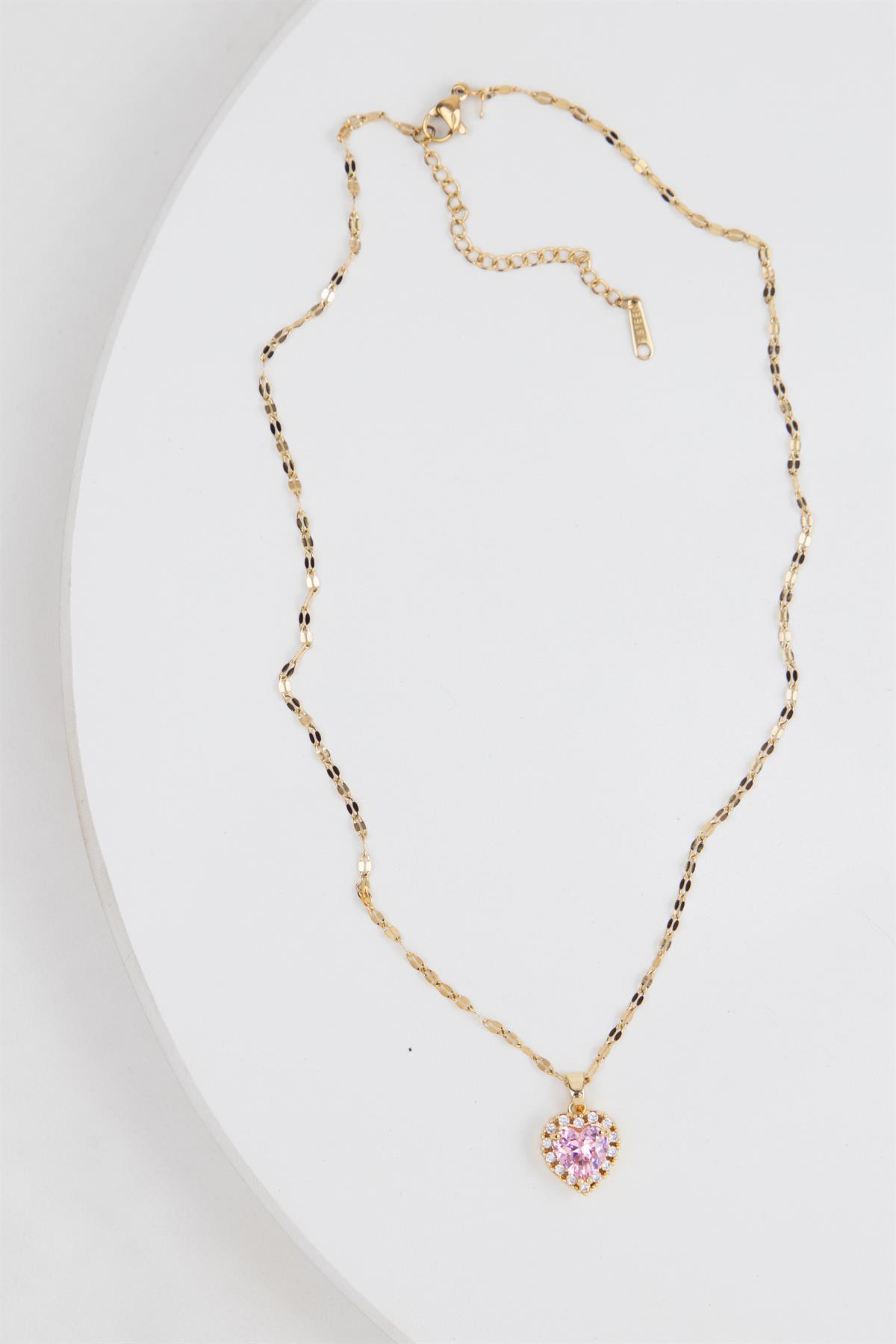 Kalp Figürlü Gold Pembe Çelik Kolye