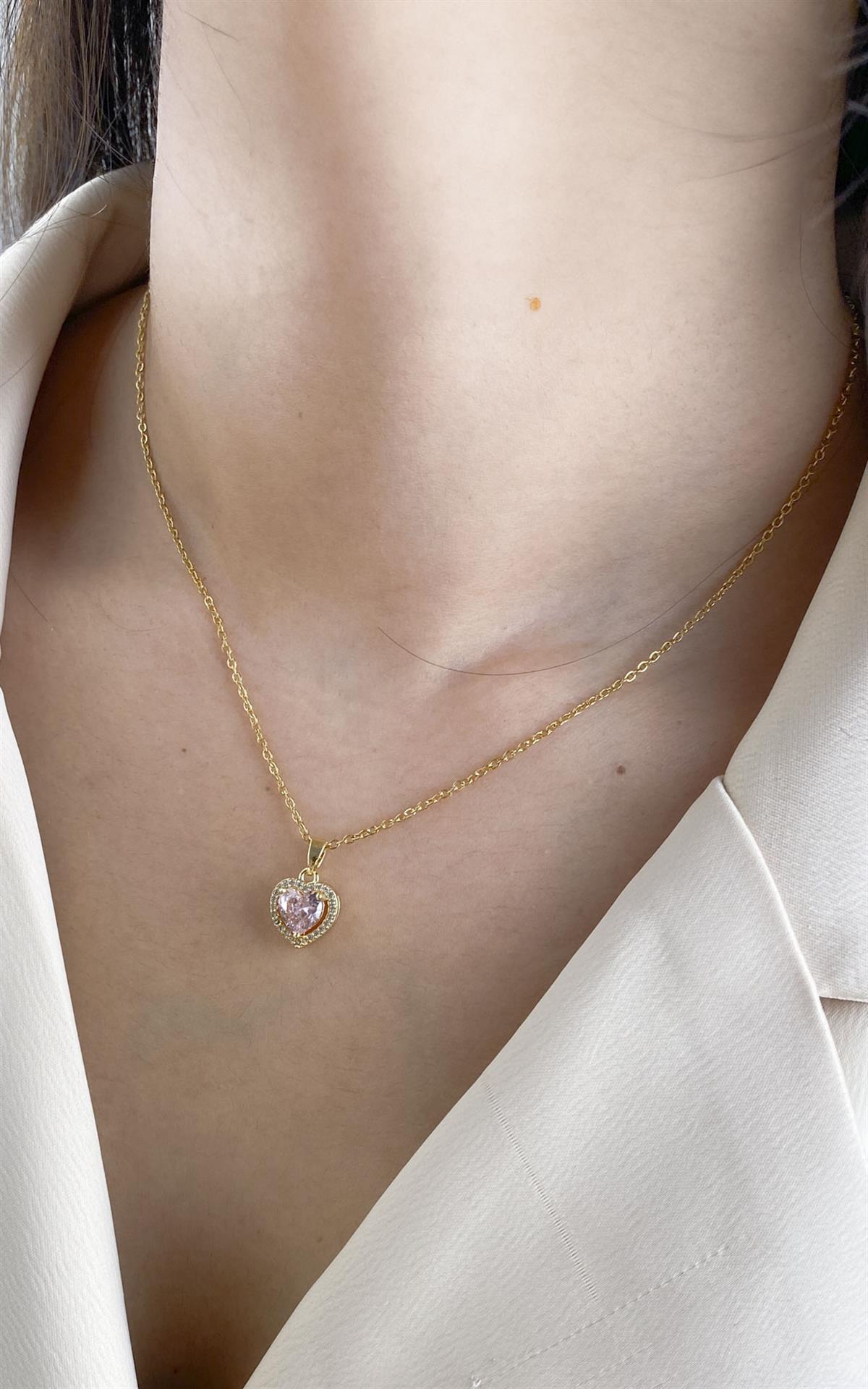 Kalp Figürlü Gold Pembe Çelik Kolye
