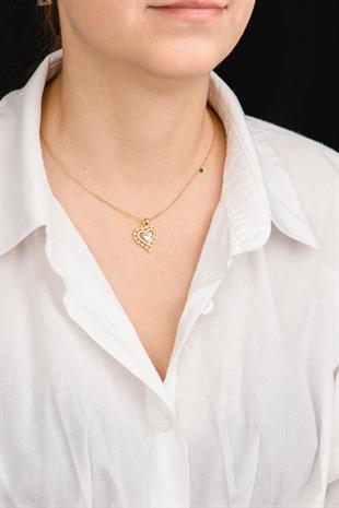 Kalp Figürlü İnci Detaylı 38cm Gold Çelik Kolye