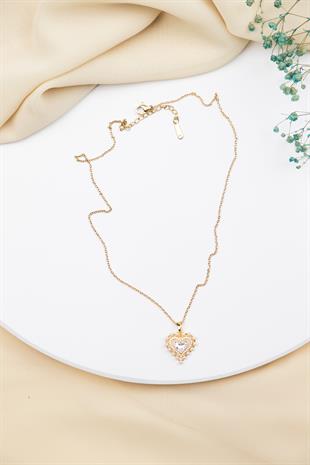 Kalp Figürlü İnci Detaylı 38cm Gold Çelik Kolye