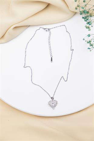 Kalp Figürlü İnci Detaylı 38cm Gümüş Çelik Kolye