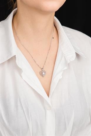 Kalp Figürlü İnci Detaylı 38cm Gümüş Çelik Kolye