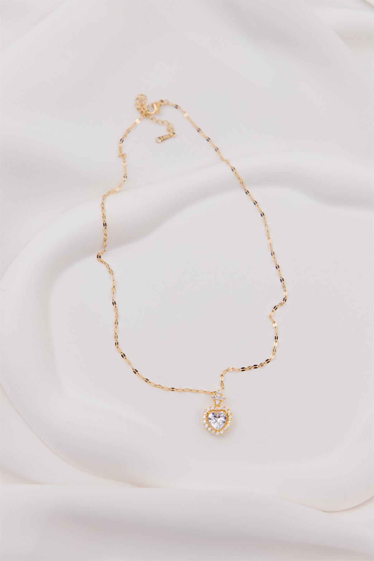 Kalp Figürlü Taşlı Gold Çelik Kolye