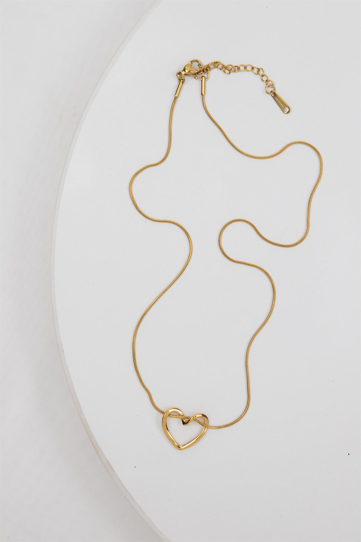 Kalp Figürlü Yılan Zincirli Gold Çelik Kolye
