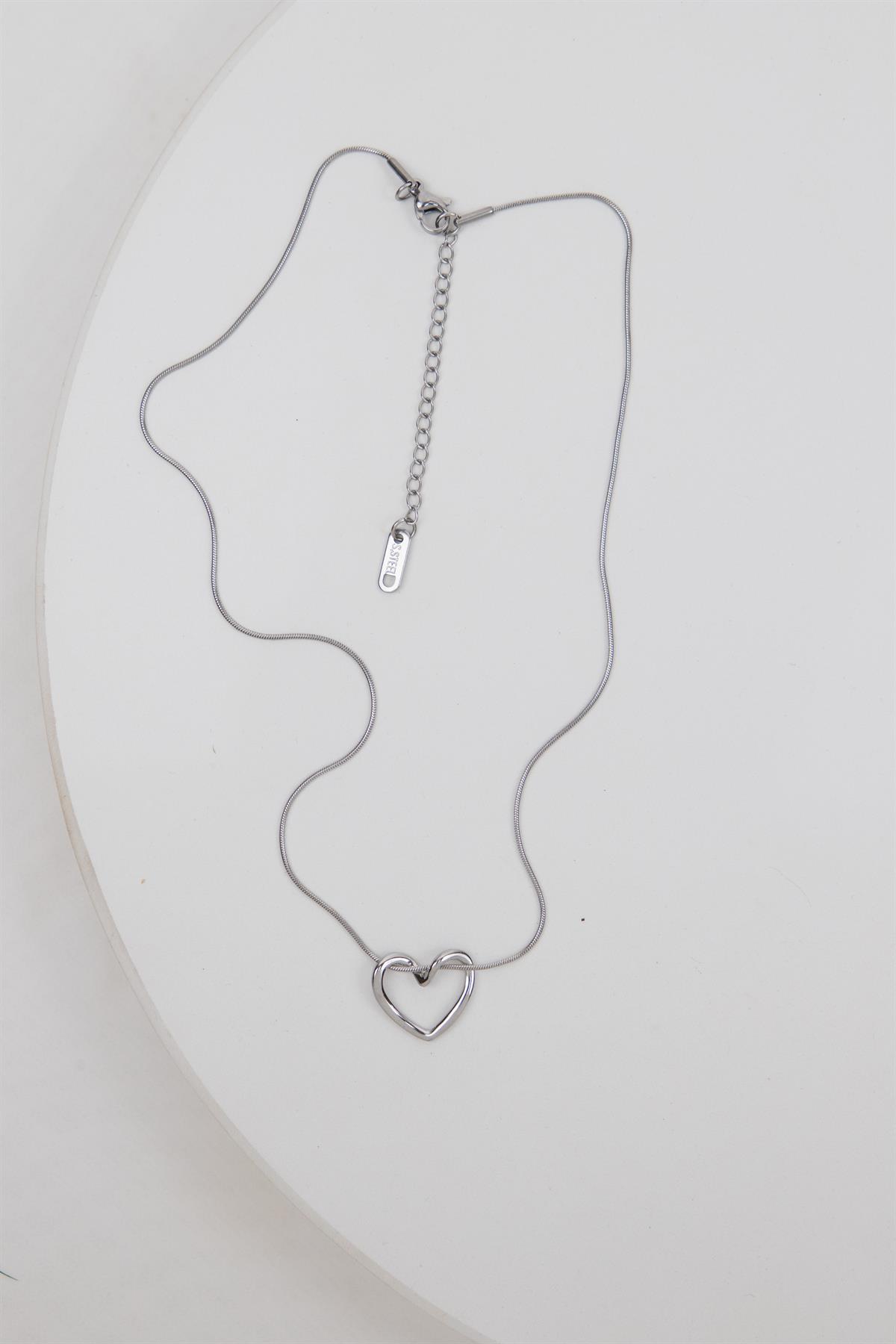 Kalp Figürlü Yılan Zincirli Gümüş Çelik Kolye