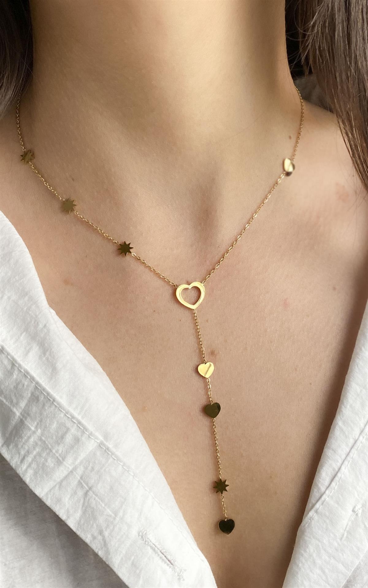 Kalp Figürlü Yıldız Detaylı Gold Çelik Y Kolye