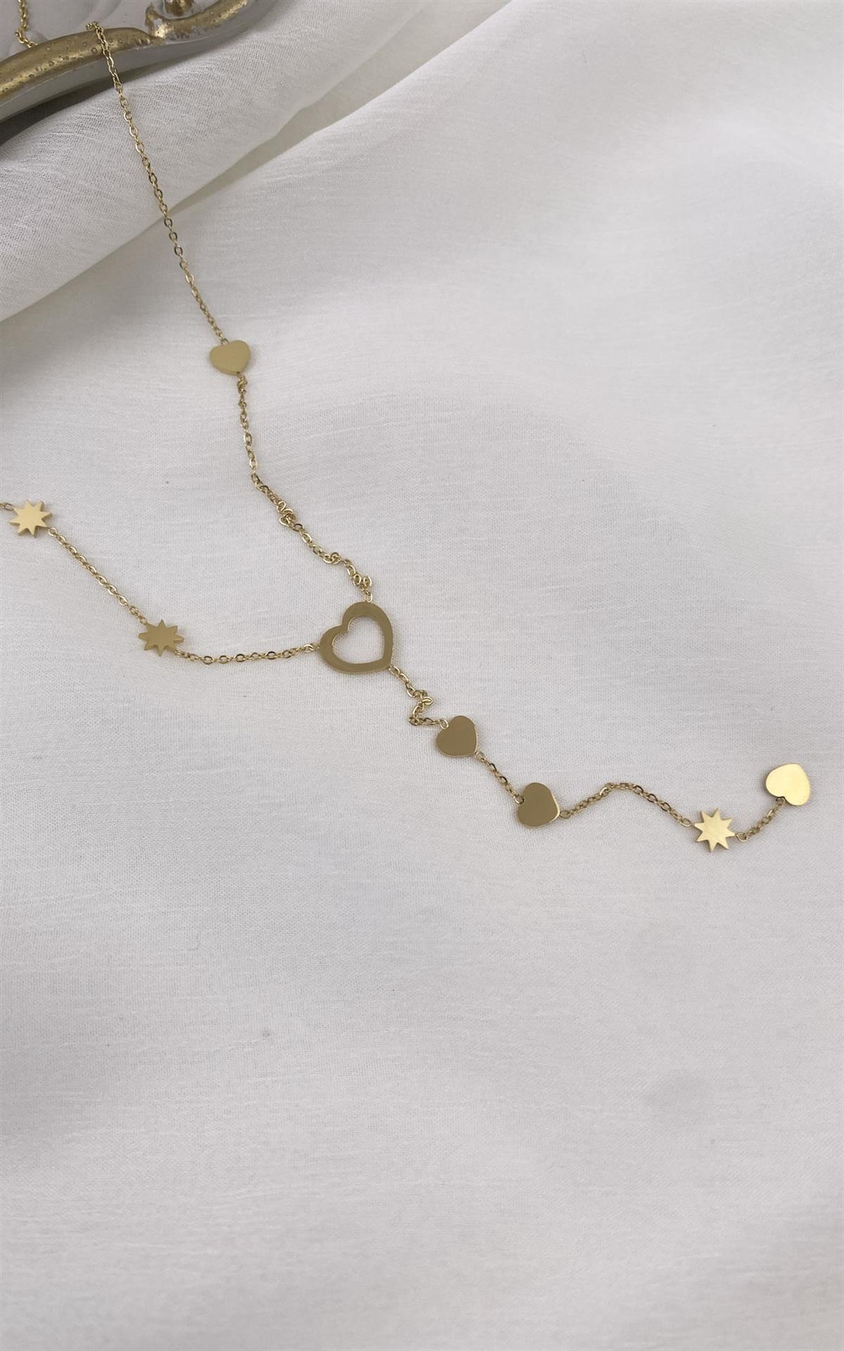 Kalp Figürlü Yıldız Detaylı Gold Çelik Y Kolye