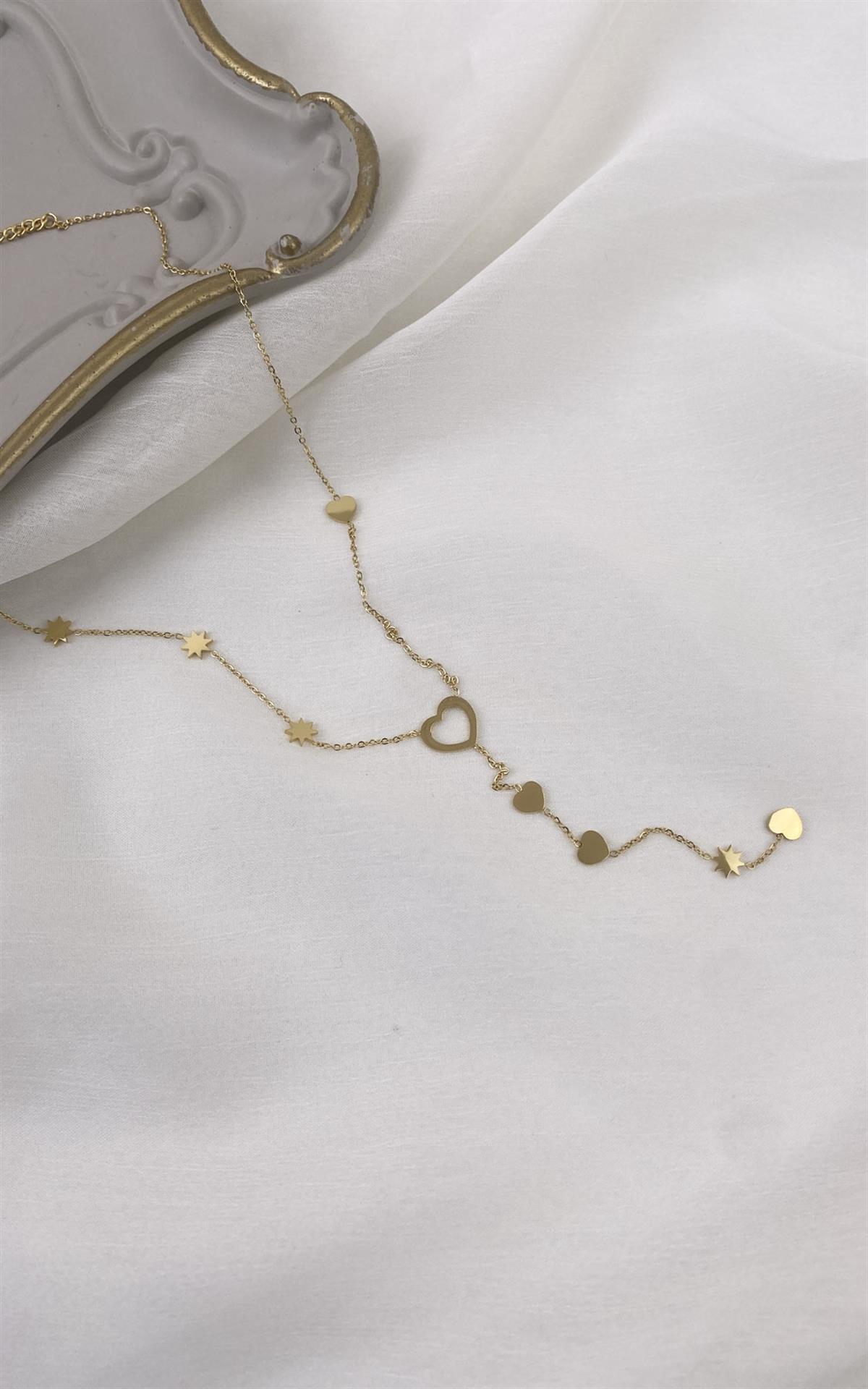 Kalp Figürlü Yıldız Detaylı Gold Çelik Y Kolye