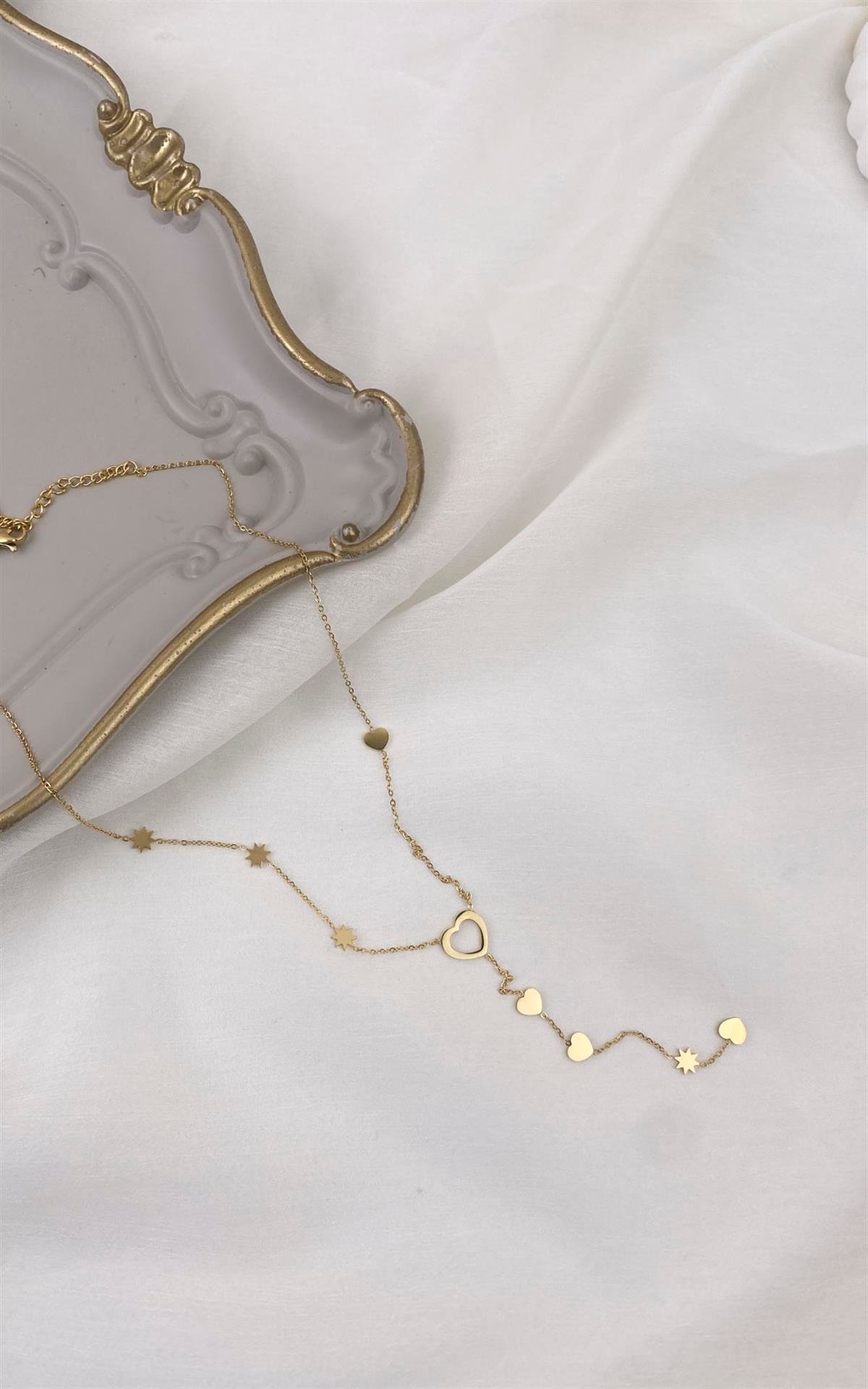 Kalp Figürlü Yıldız Detaylı Gold Çelik Y Kolye