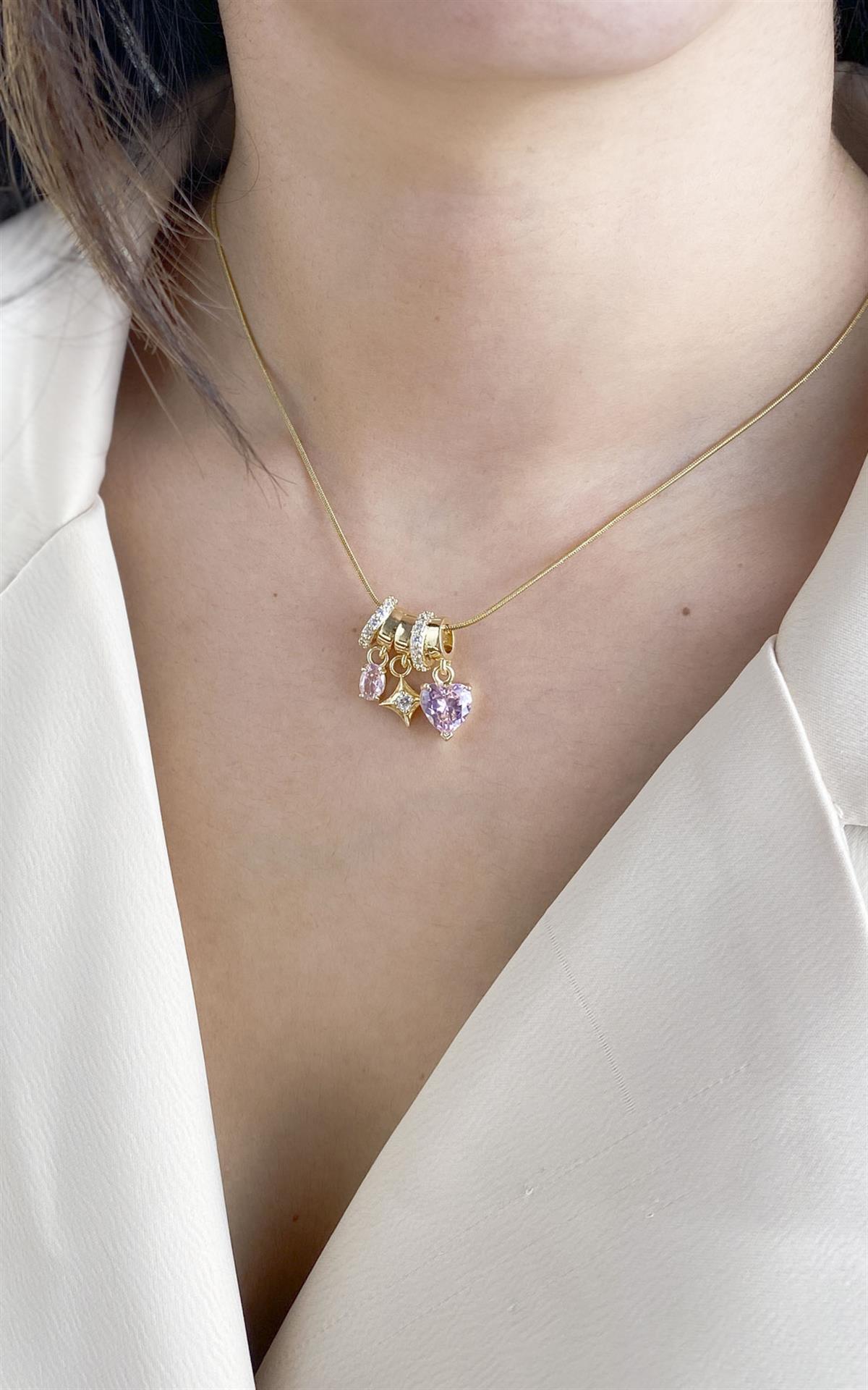 Kalp Figürlü Yıldız Detaylı Gold Pembe Çelik Kolye