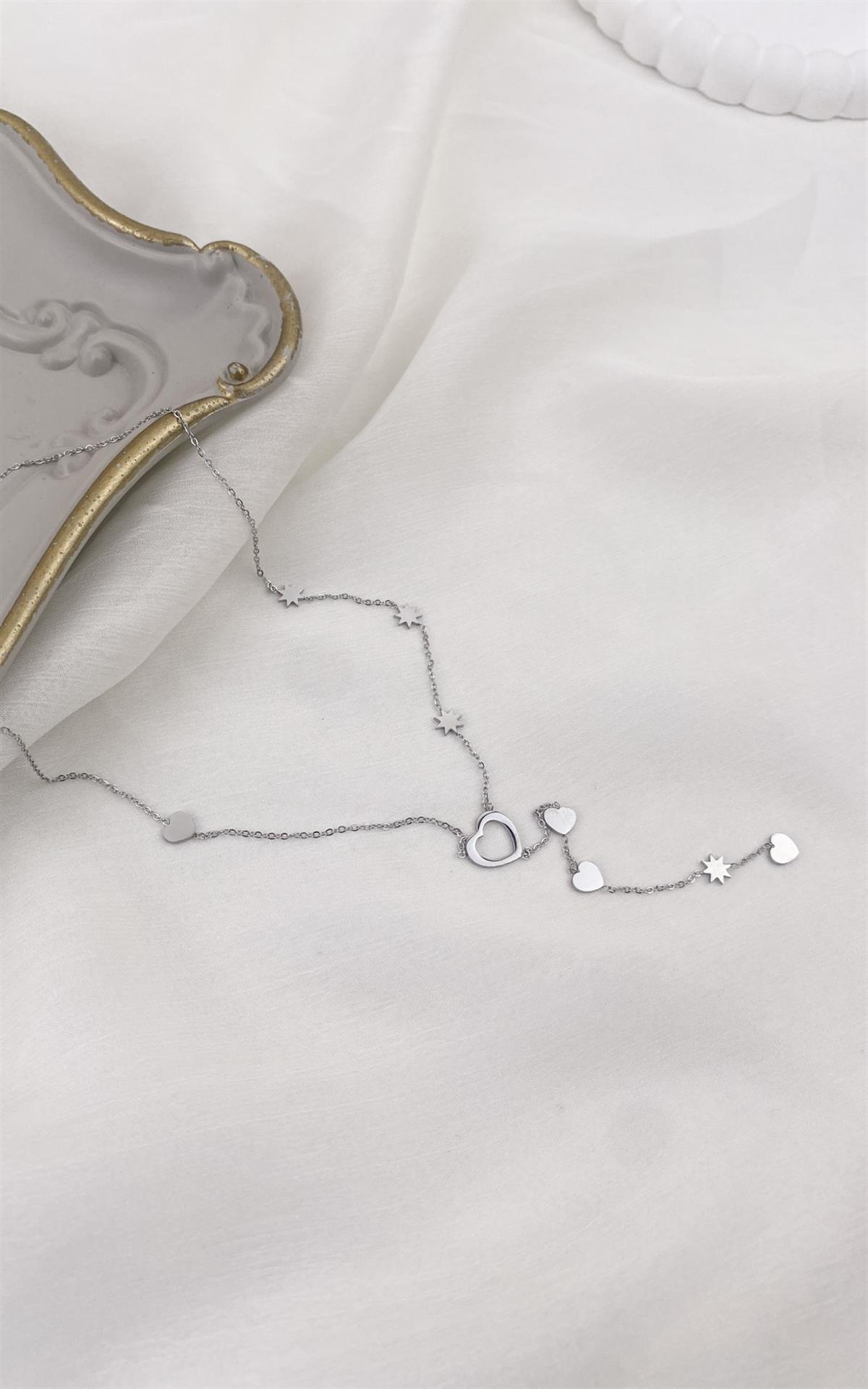 Kalp Figürlü Yıldız Detaylı Gümüş Çelik Y Kolye