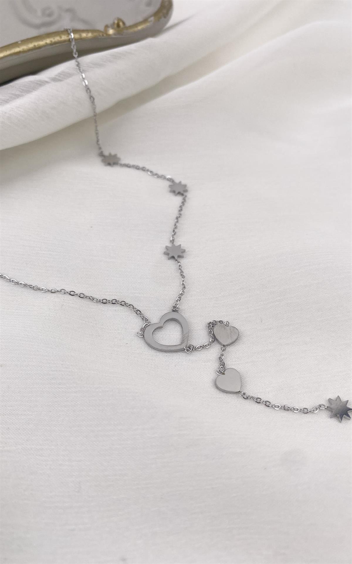 Kalp Figürlü Yıldız Detaylı Gümüş Çelik Y Kolye