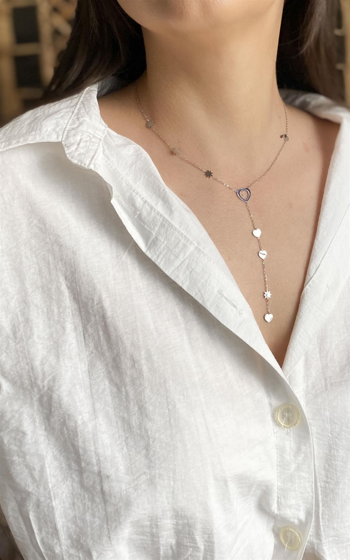 Kalp Figürlü Yıldız Detaylı Gümüş Çelik Y Kolye