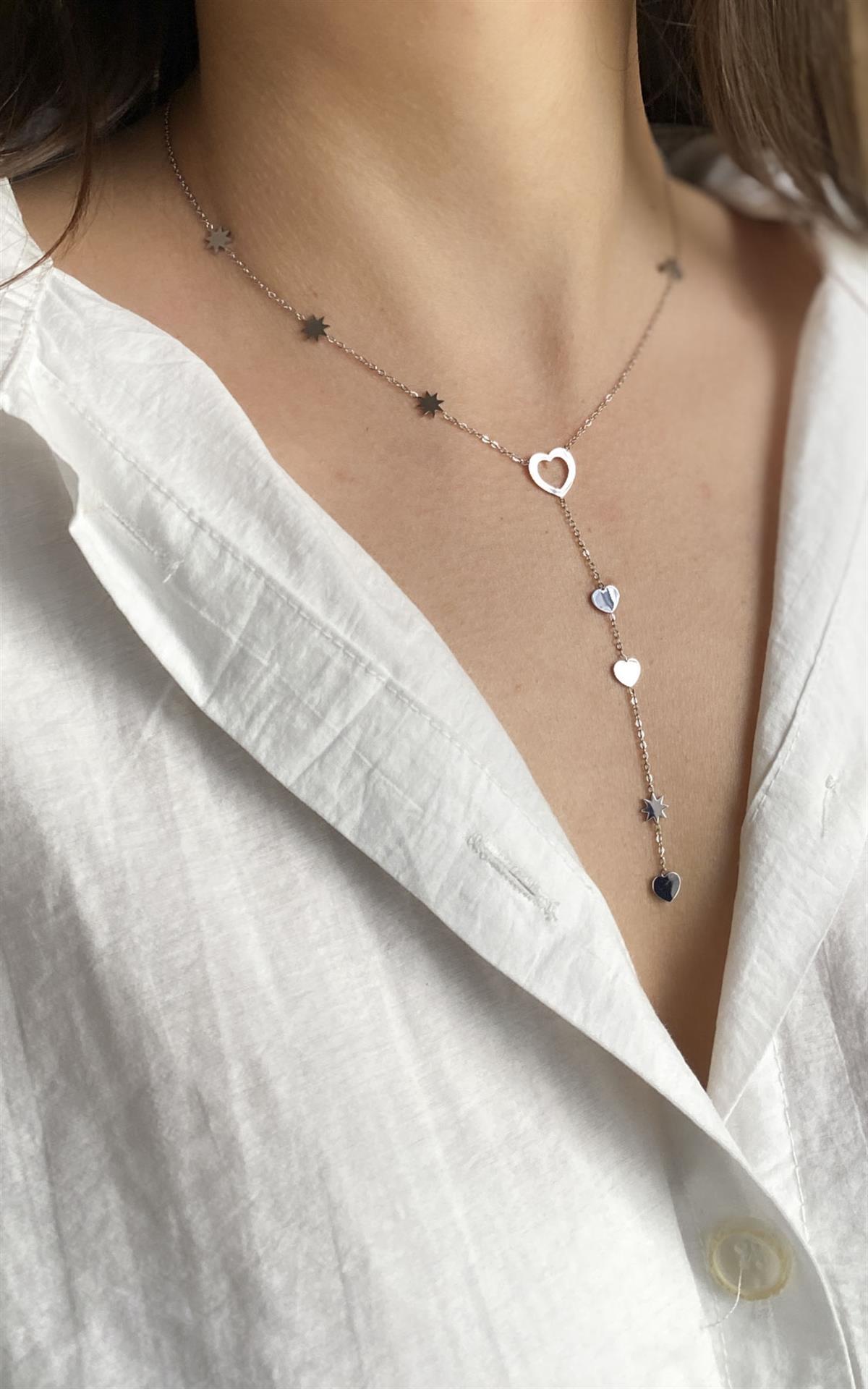 Kalp Figürlü Yıldız Detaylı Gümüş Çelik Y Kolye