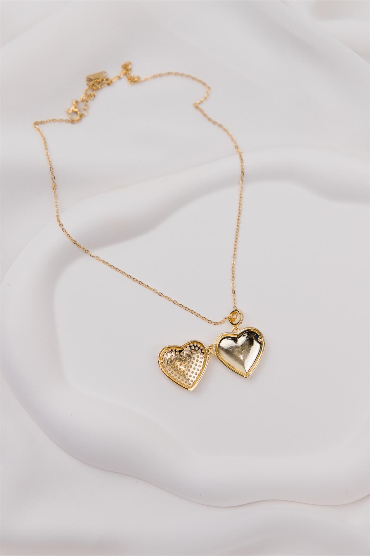 Kalp Figürlü Zirkon Taşlı Gold Kapaklı Çelik Kolye