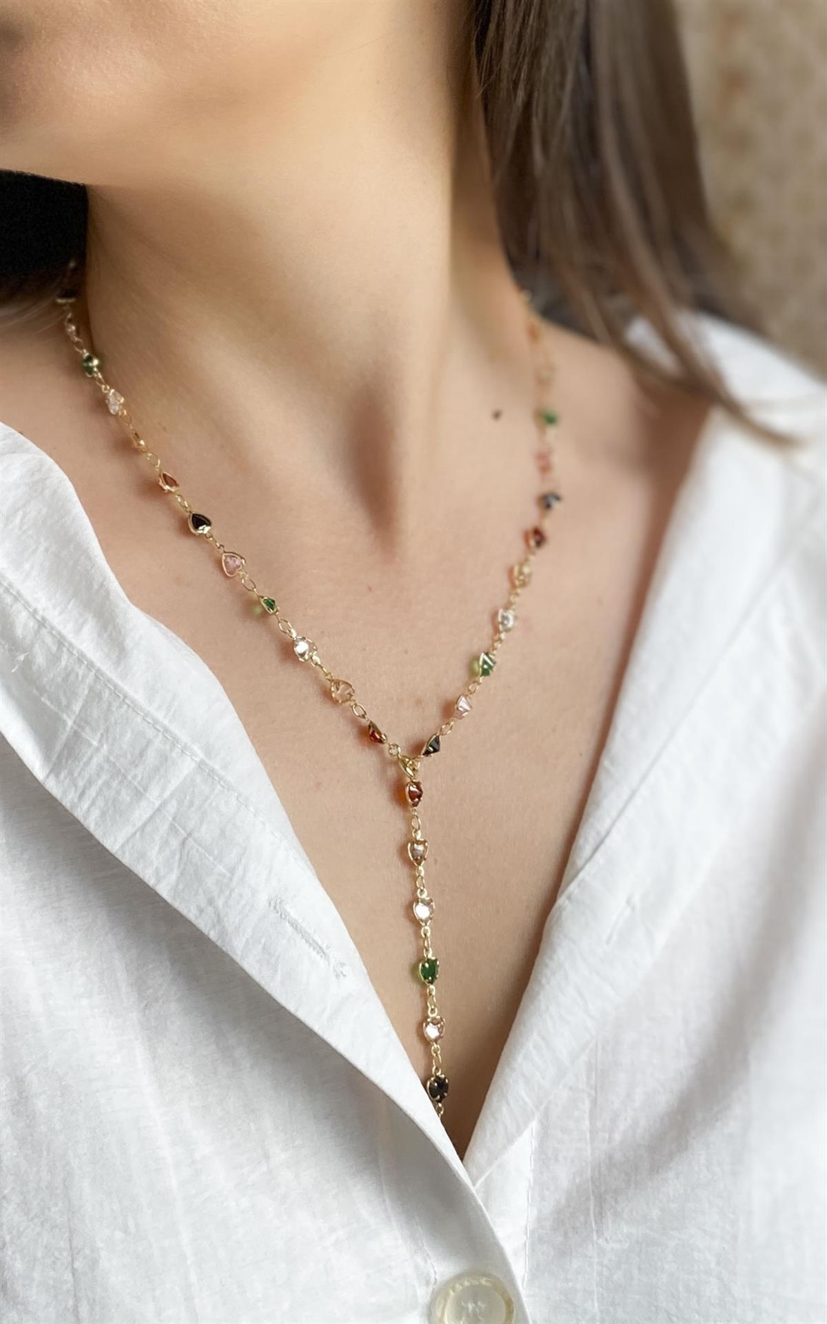 Kalp Sıralı Gold Renkli Çellik Y Kolye