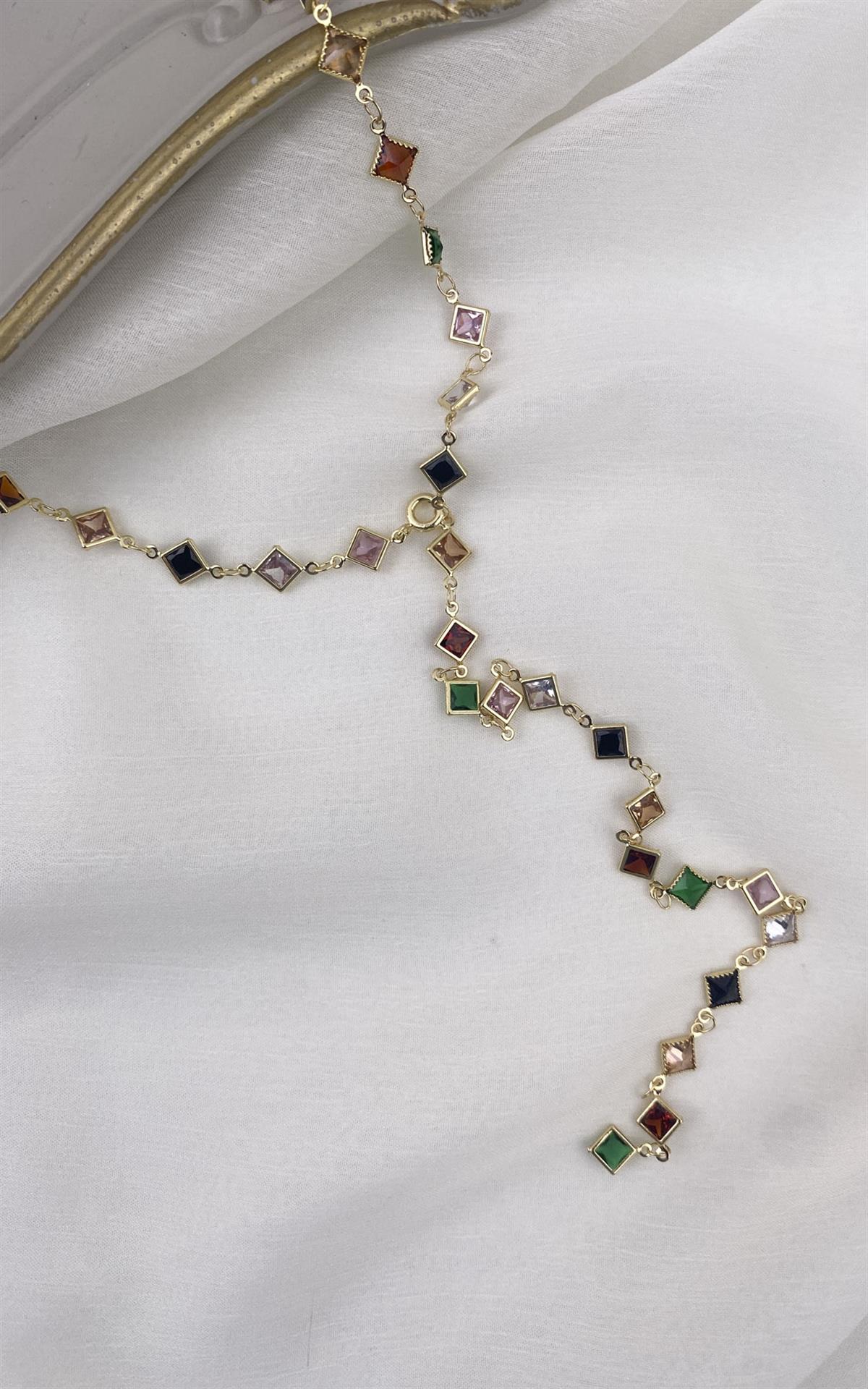 Kare Sıralı Gold Renkli Çelik Y Kolye