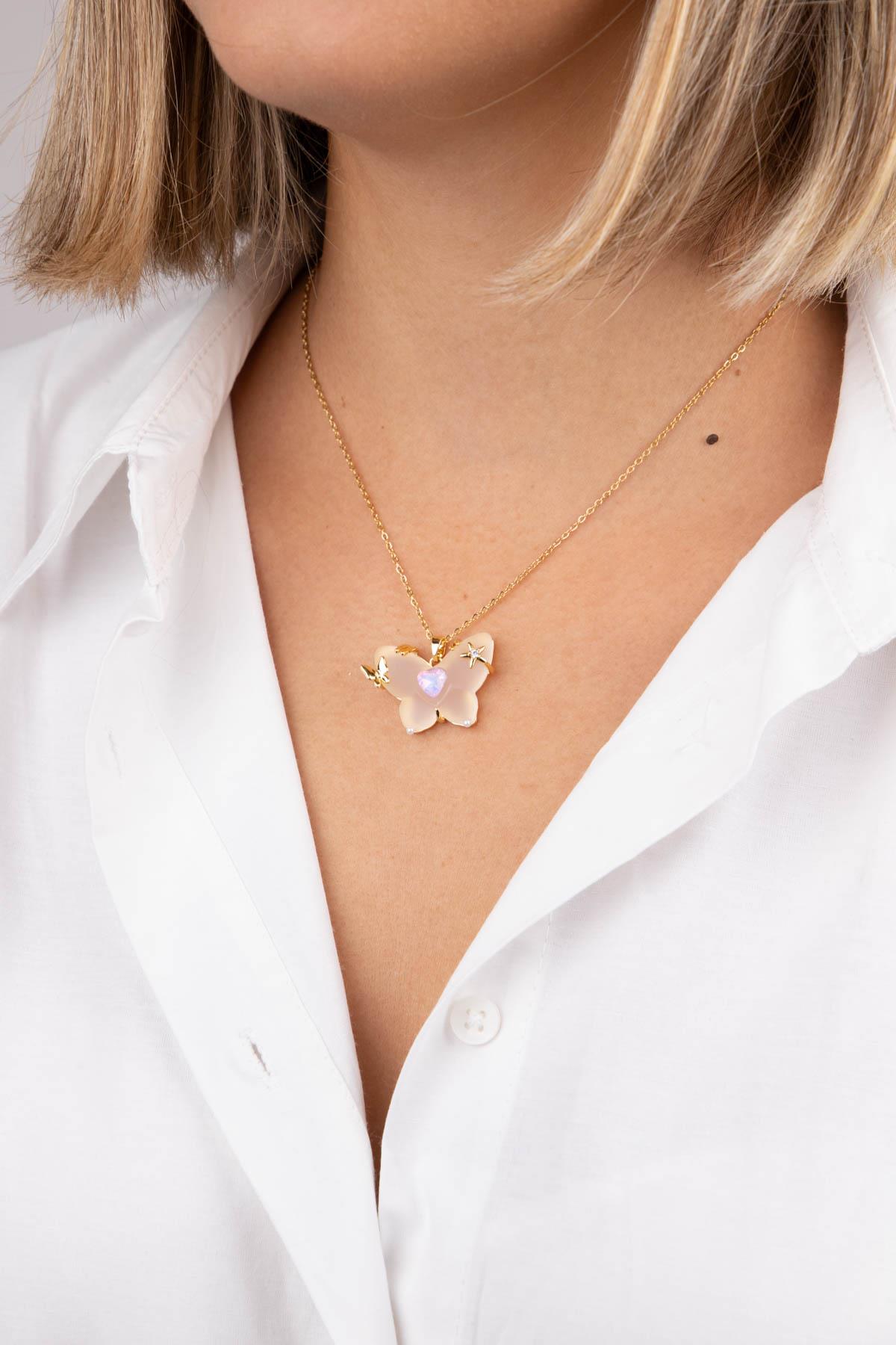 Kelebek Figürlü Gold Çelik Kolye