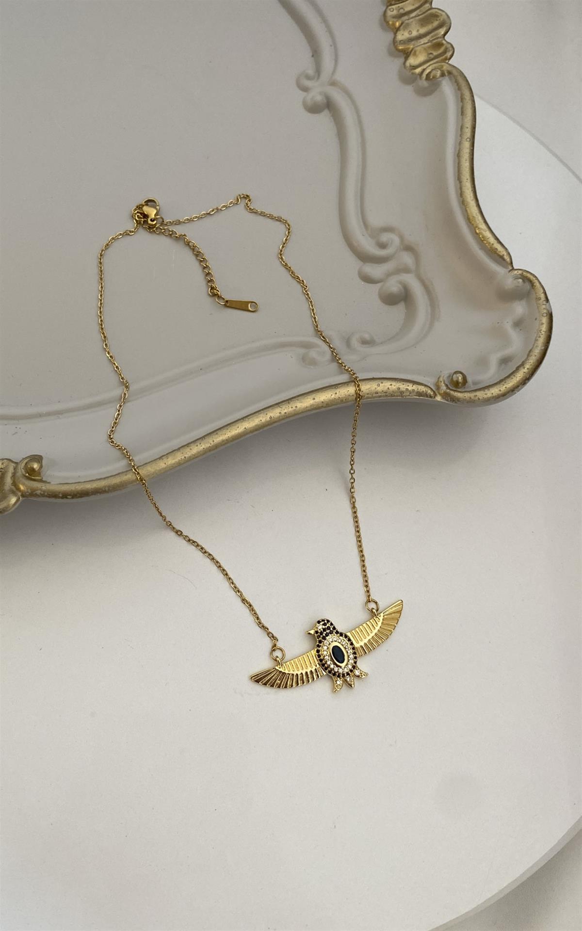 Kuş Figürlü Gold Çelik Kolye
