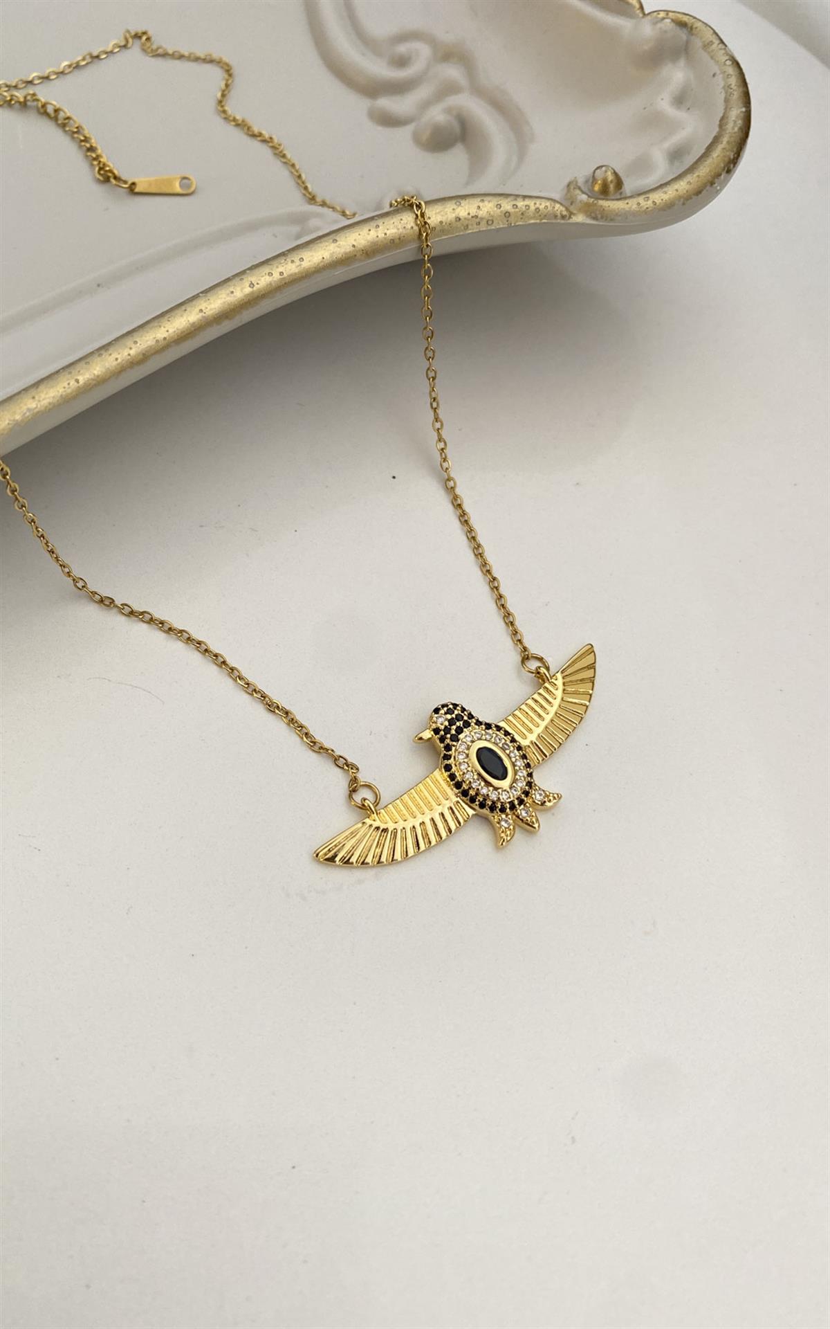 Kuş Figürlü Gold Çelik Kolye