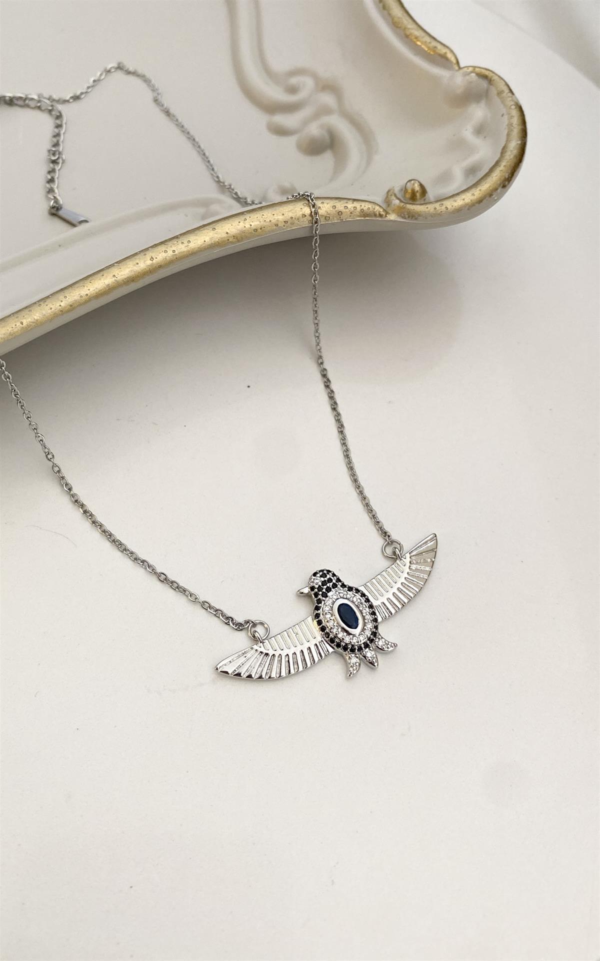 Kuş Figürlü Gümüş Çelik Kolye