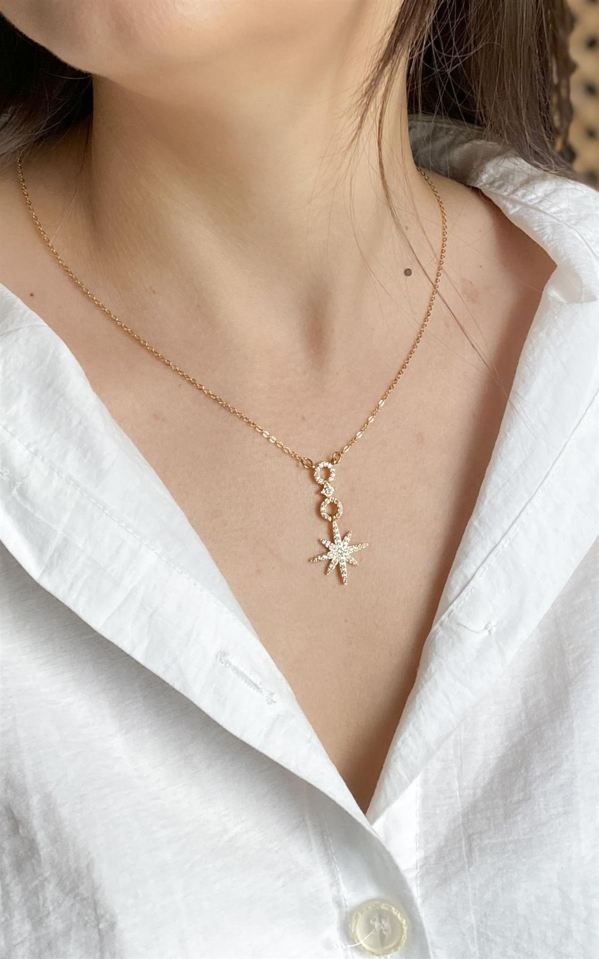 Kuzey Yıldız Figürlü Gold Çelik Kolye