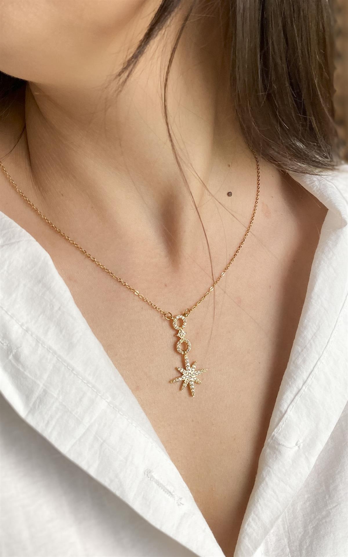 Kuzey Yıldız Figürlü Gold Çelik Kolye