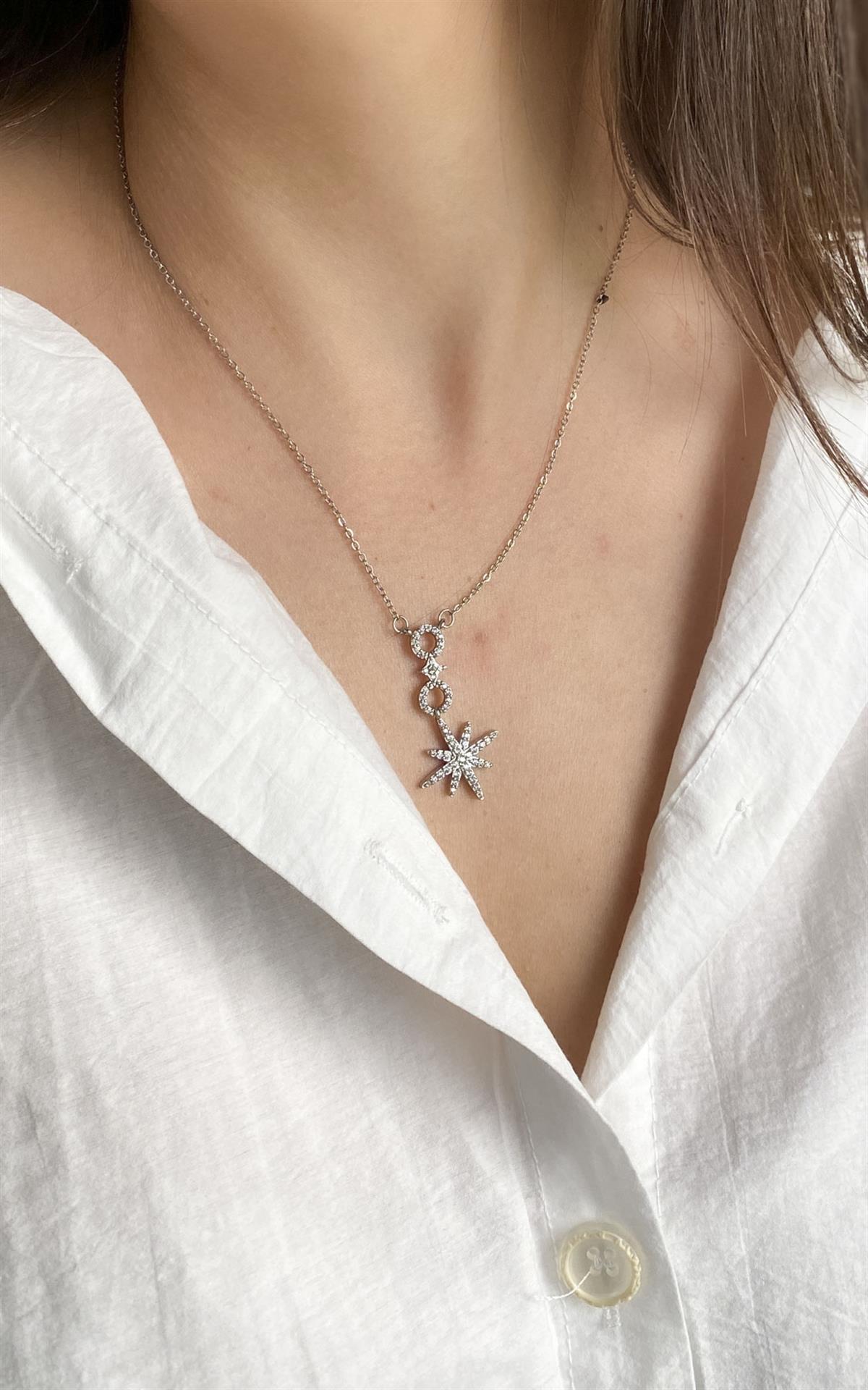 Kuzey Yıldız Figürlü Gümüş Çelik Kolye