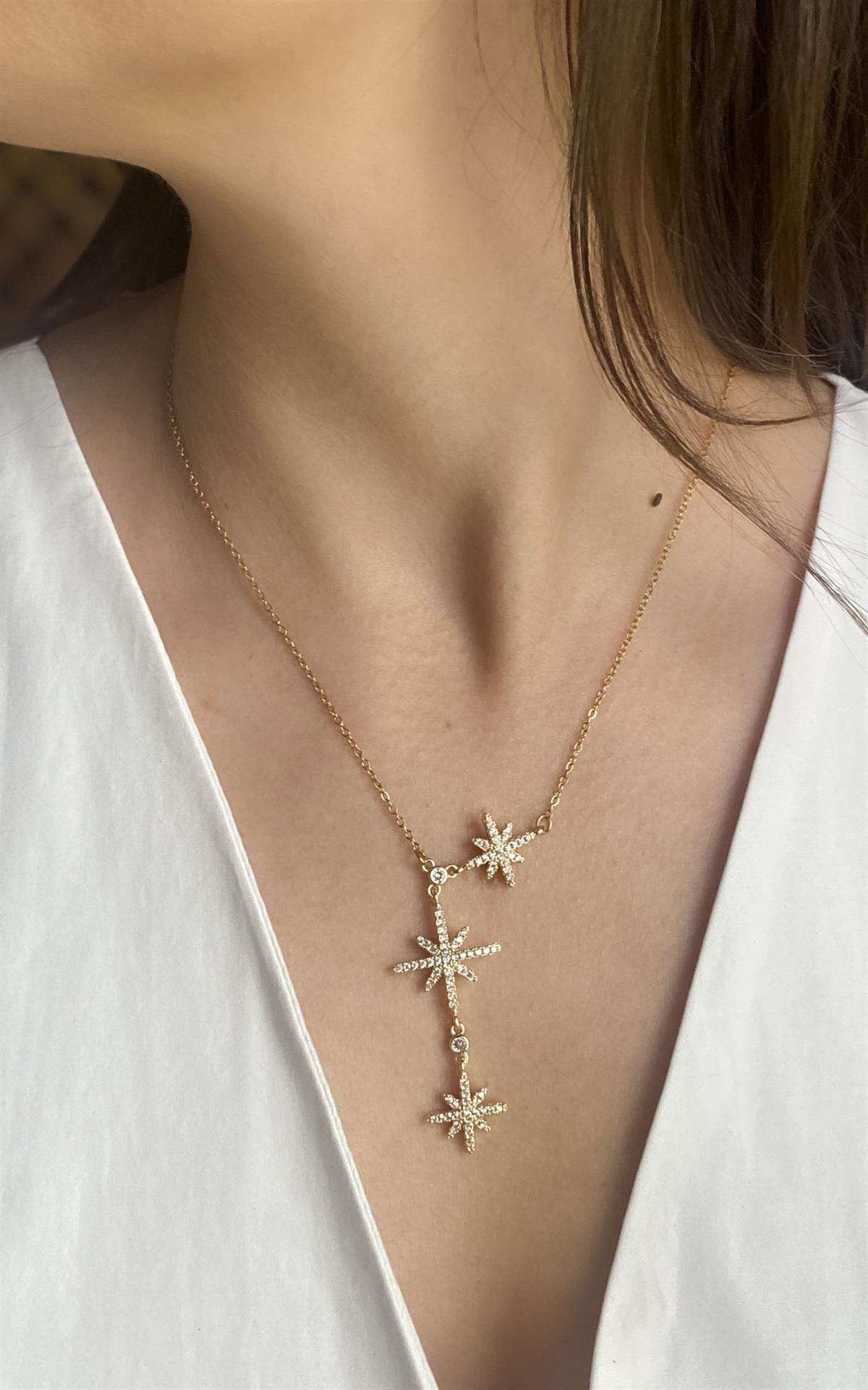 Kuzey Yıldızı Figürlü Zirkon Taşlı Gold Çelik Kolye