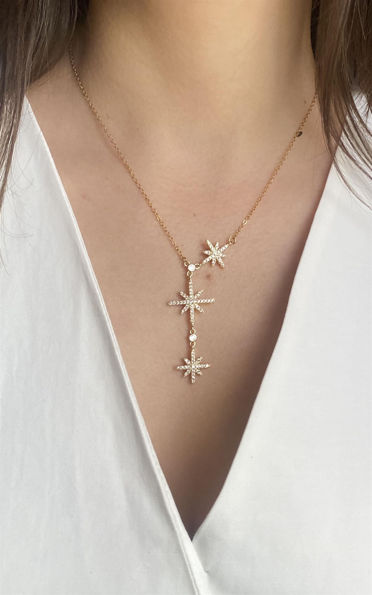 Kuzey Yıldızı Figürlü Zirkon Taşlı Gold Çelik Kolye