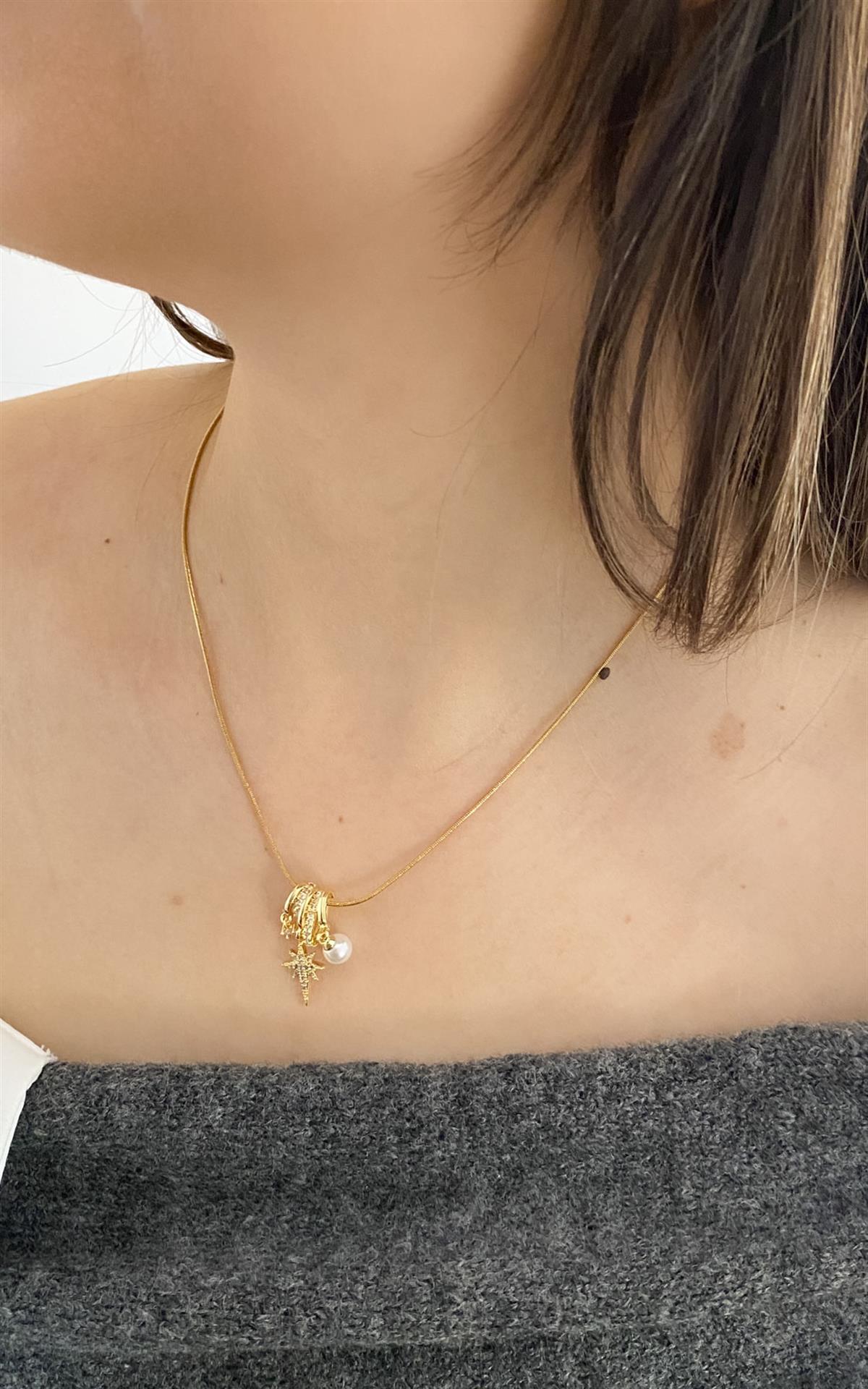 Kuzey Yıldızı ve İncili Gold Çelik Kolye