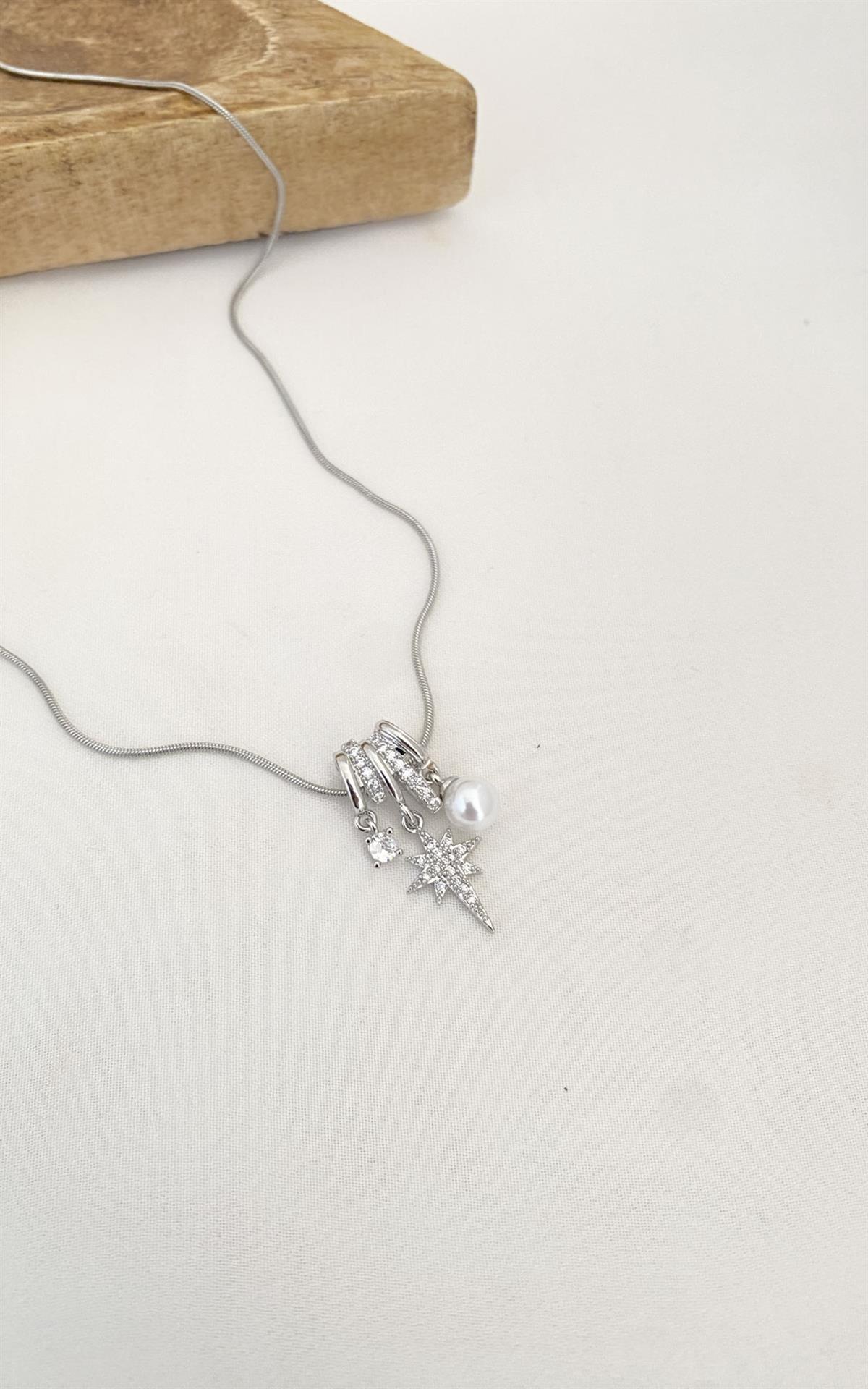 Kuzey Yıldızı ve İncili Gümüş Çelik Kolye