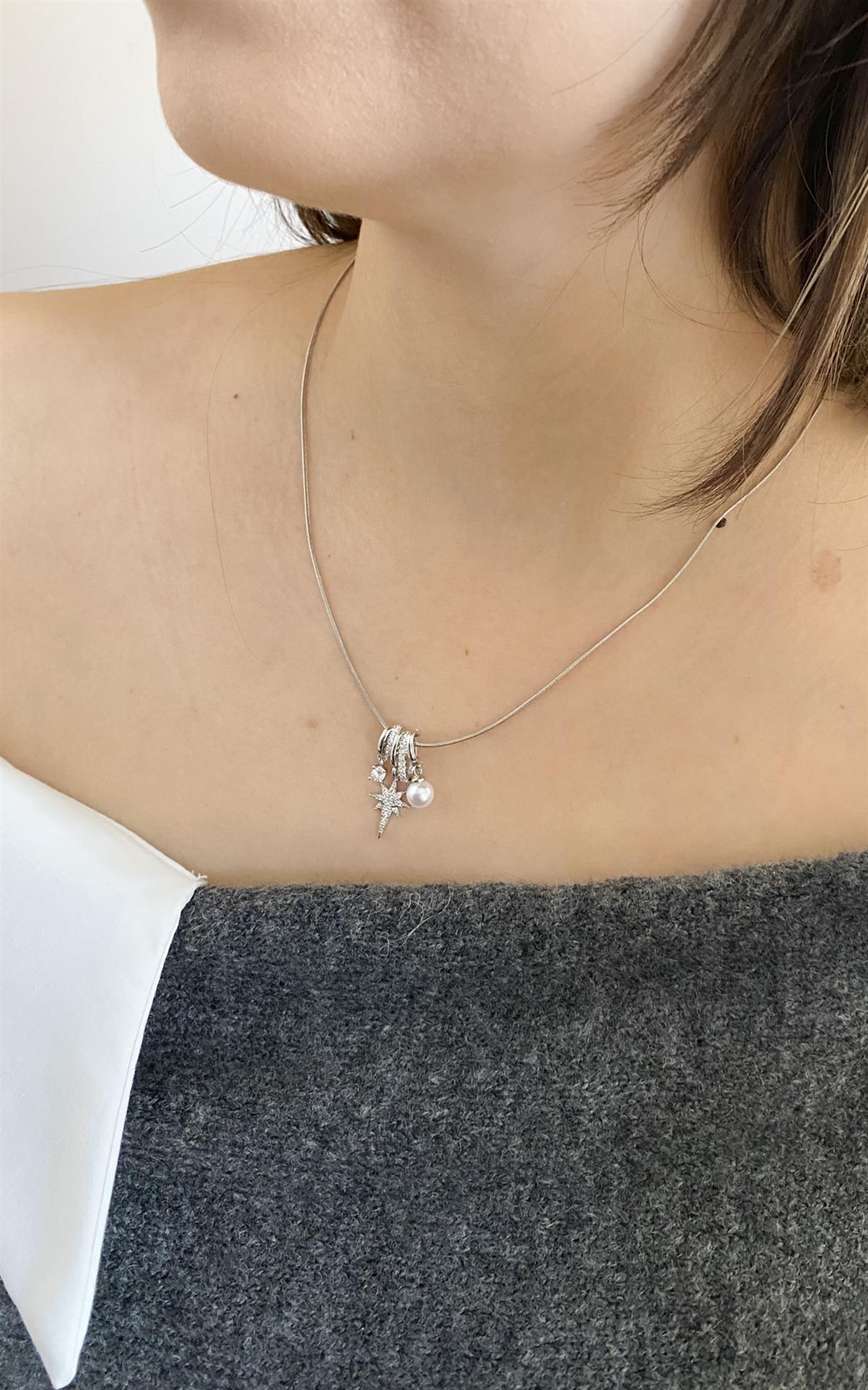 Kuzey Yıldızı ve İncili Gümüş Çelik Kolye